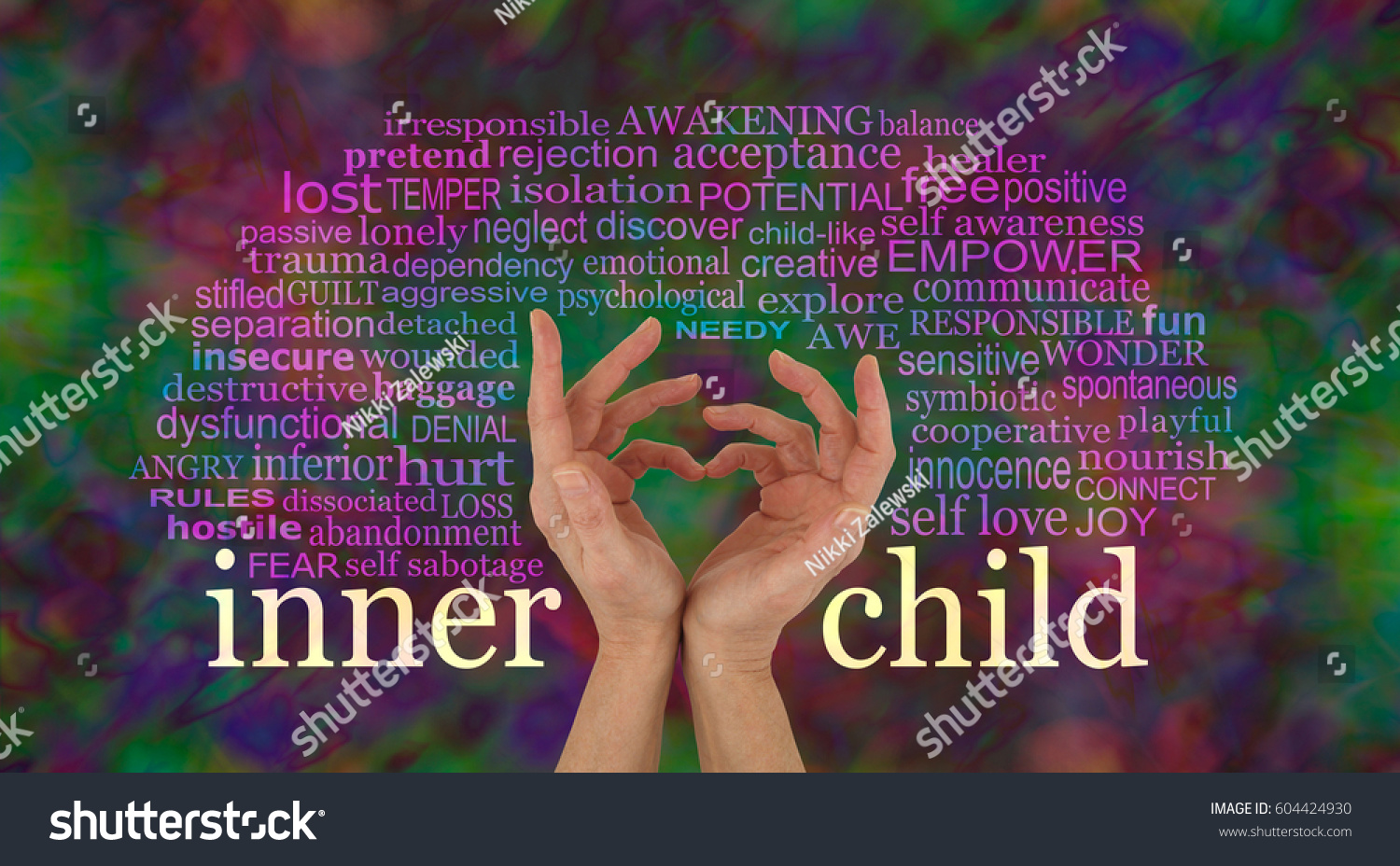 Discover and learn to love your Inner Child - female hands making a heart shape with the words INNER CHILD at wrist level and a relevant word cloud above on a rich multi-colored background #604424930