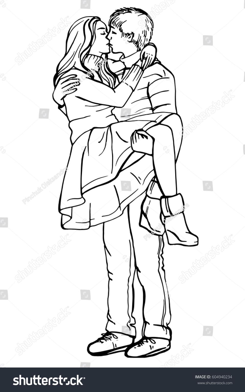 Young couple in love.Sensual Ink sketch portrait of young stylish couple. Embraces of a loving couple, couple hugging and flirting, kissing. Hand drawn illustration.