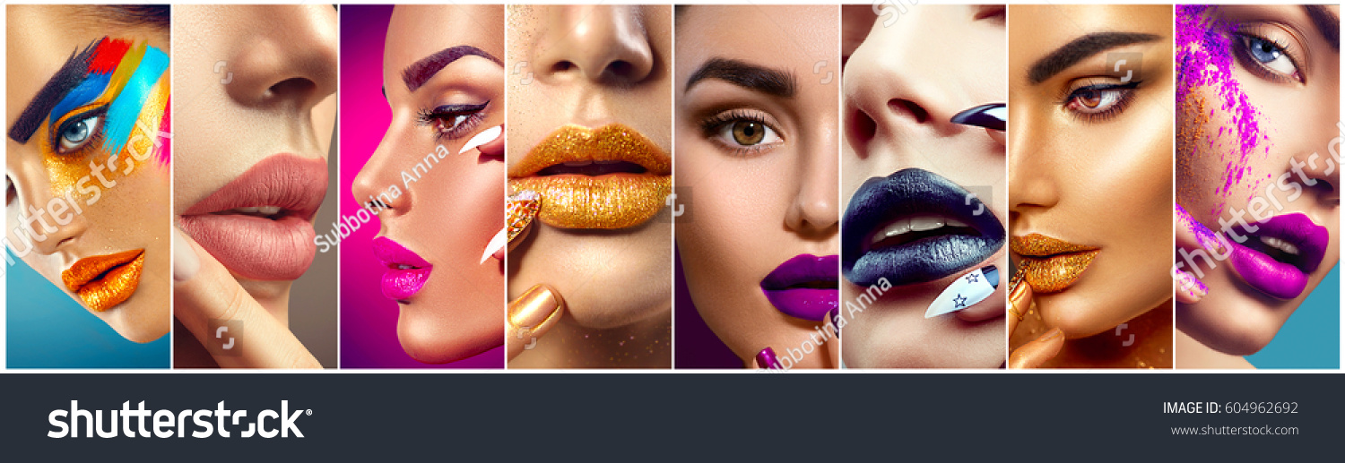 High Fashion model make up collage. Beauty makeup artist ideas. Colorful lips, eyes, eyeshadows and nail art. Beautiful women parts of face. Vivid bright make-up, lipstick, nailpolish for party. #604962692