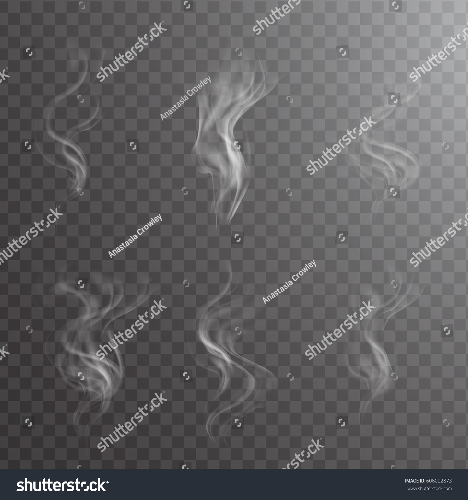 White cigarette smoke waves on transparent. Transparent white steam over cup on dark background background vector illustration. #606002873