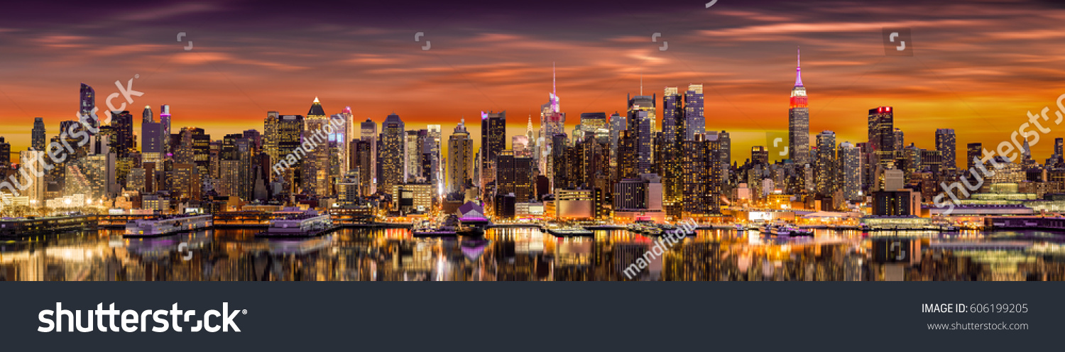 New York City panorama at sunrise with reflections in Hudson River (very detailed 81 megapixel photo) #606199205