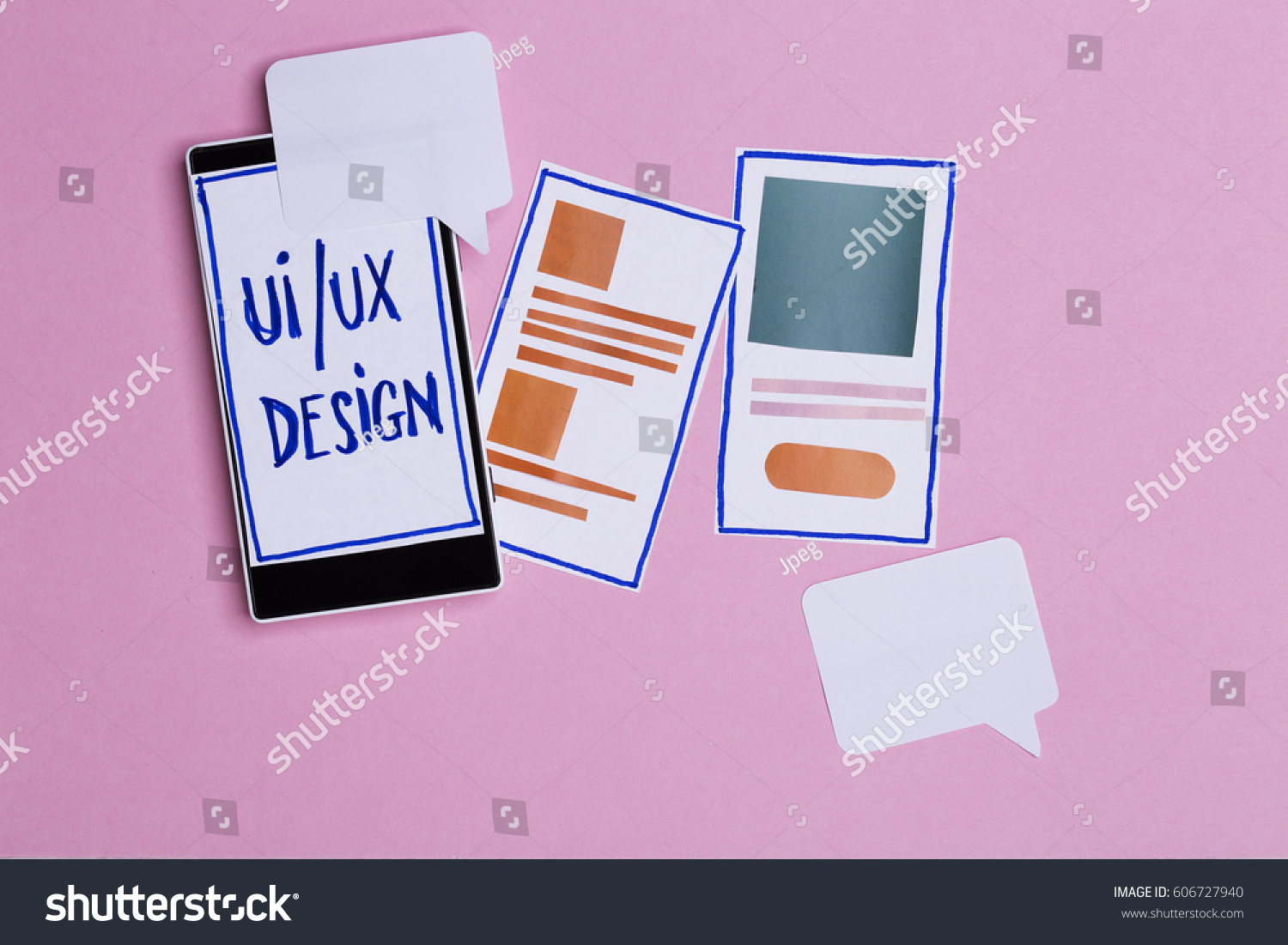 User interface and user experience design process, UI/UX. Composition with smart phone and design elements for mobile website #606727940
