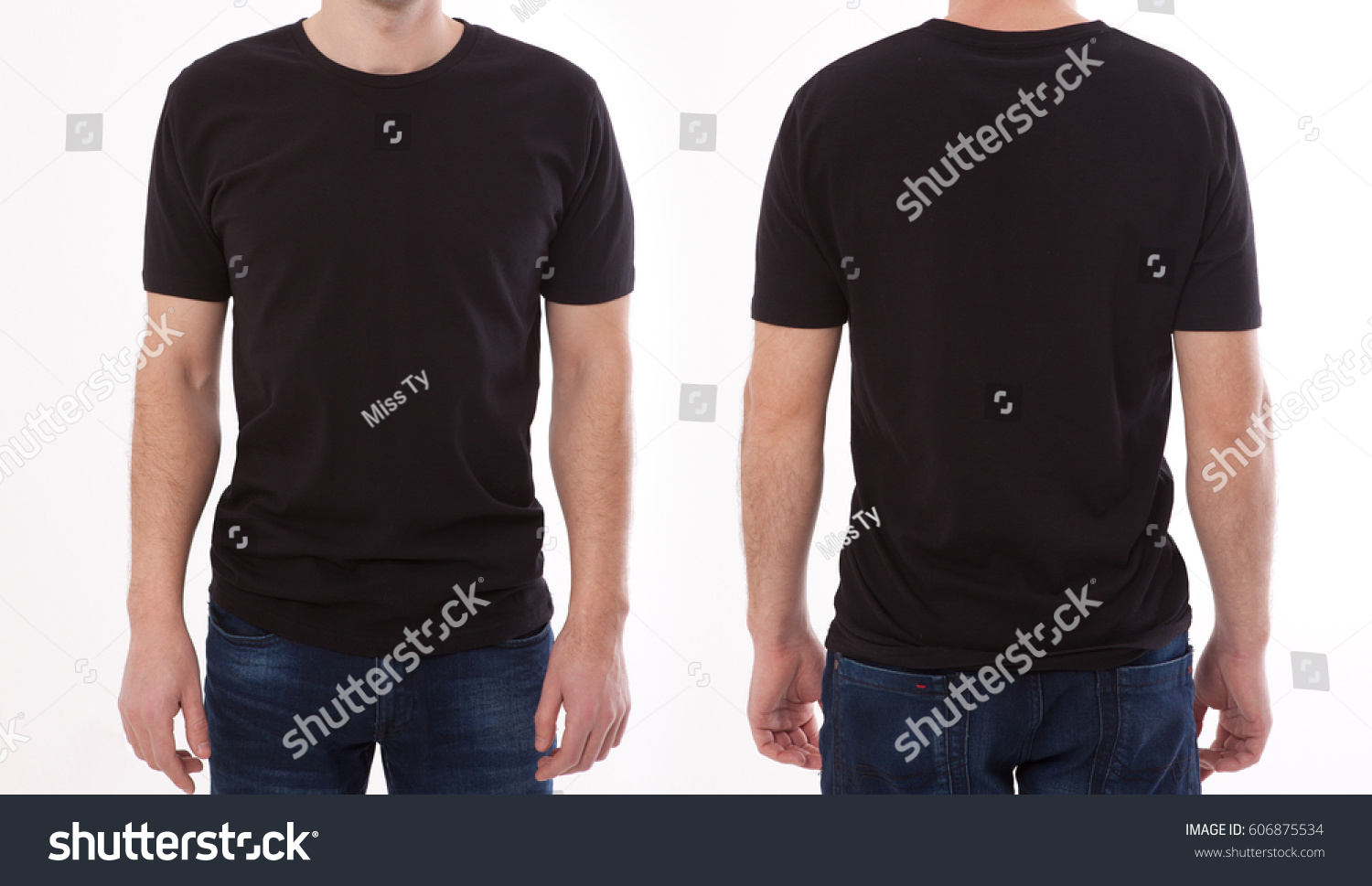 Shirt design and people concept - closeup of young man in blank black tshirt front and rear isolated. Mock up template for design print #606875534