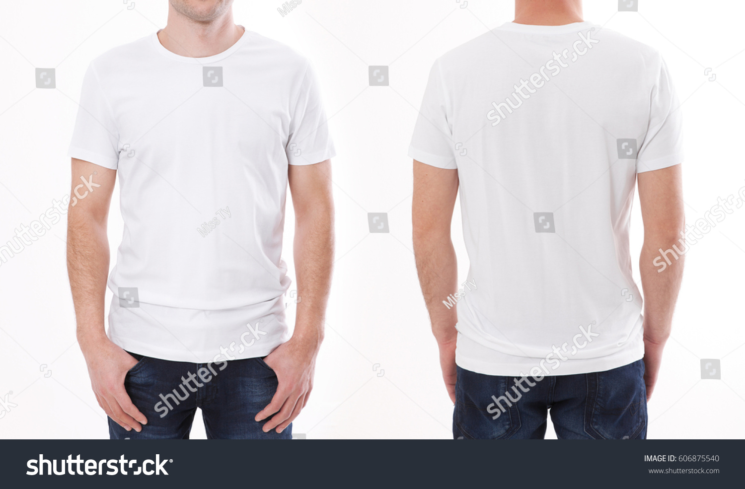 t-shirt design and people concept - close up of young man in blank t-shirt, shirt front and rear isolated. #606875540