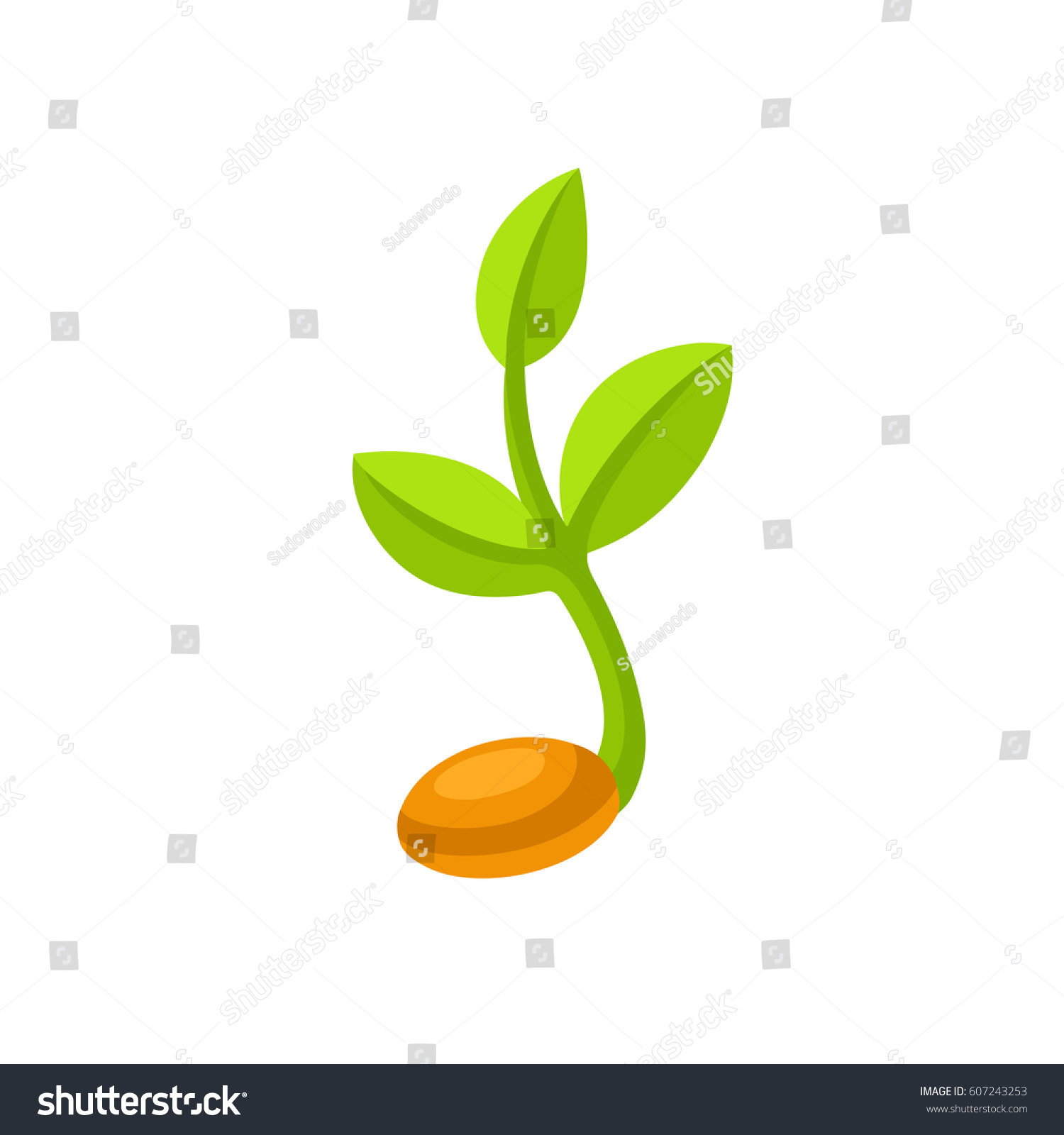 Simple sprouting seed drawing. Green cartoon sprout vector illustration. #607243253