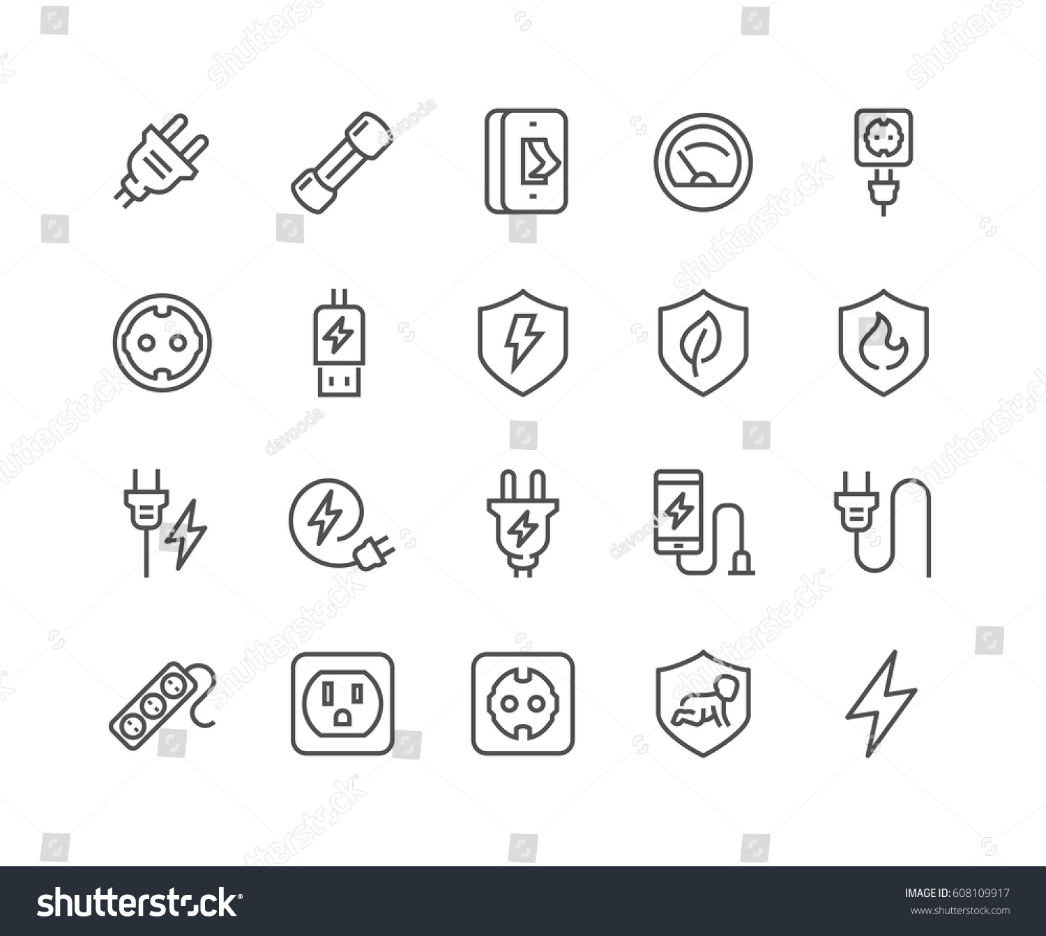 Simple Set of Surge Protector Related Vector Line Icons. 
Contains such Icons as American/European Socket, USB Charge, Child Protection and more.
Editable Stroke. 48x48 Pixel Perfect. #608109917
