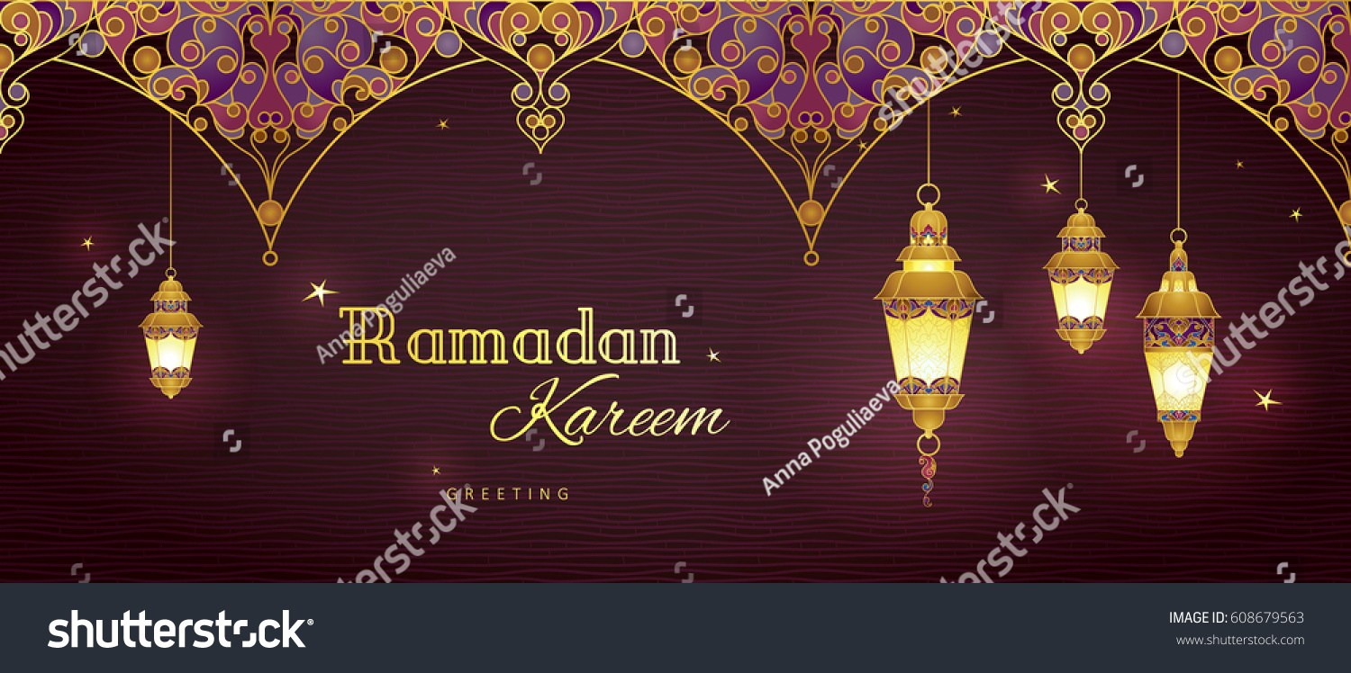 Ornate vector horizontal banner, golden vintage lanterns for Ramadan wishing. Arabic shining lamps. Decor in Eastern style. Islamic background. Ramadan Kareem card, advertising, discount, poster. #608679563