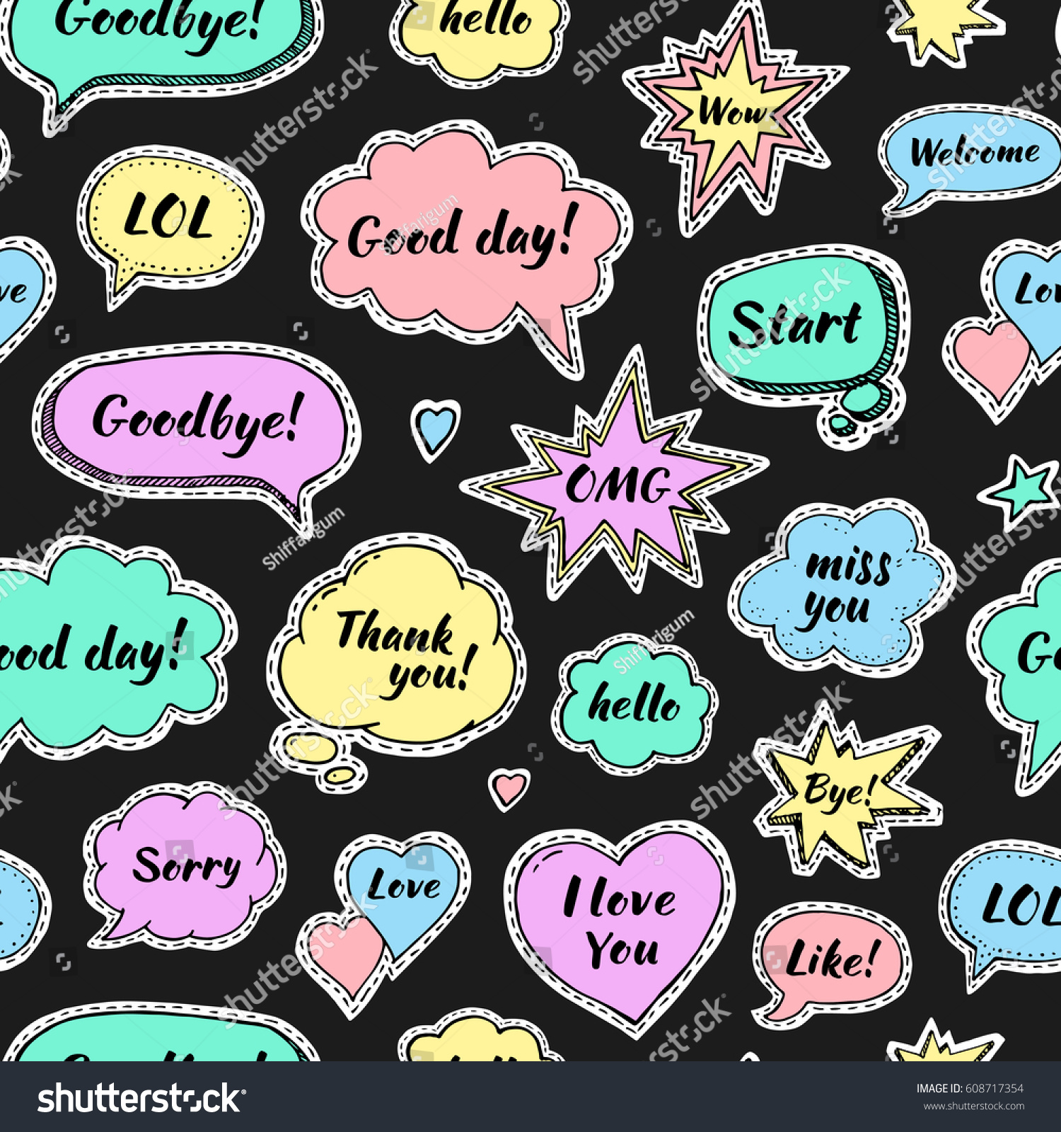 Hand drawn set of speech bubbles with dialog words: Hi, Love, Sorry, Welcome, Bye. Vector seamless pattern. Stickers on black background #608717354