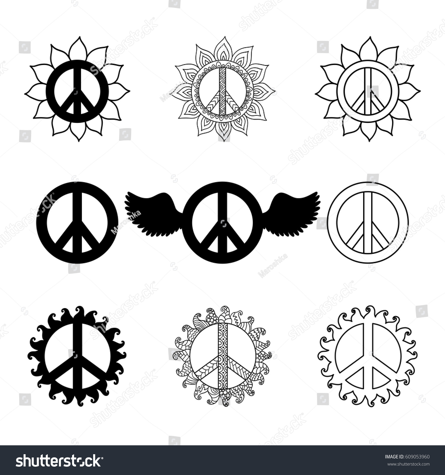 Set of hippie vintage peace symbols. Ornamental - Royalty Free Stock ...