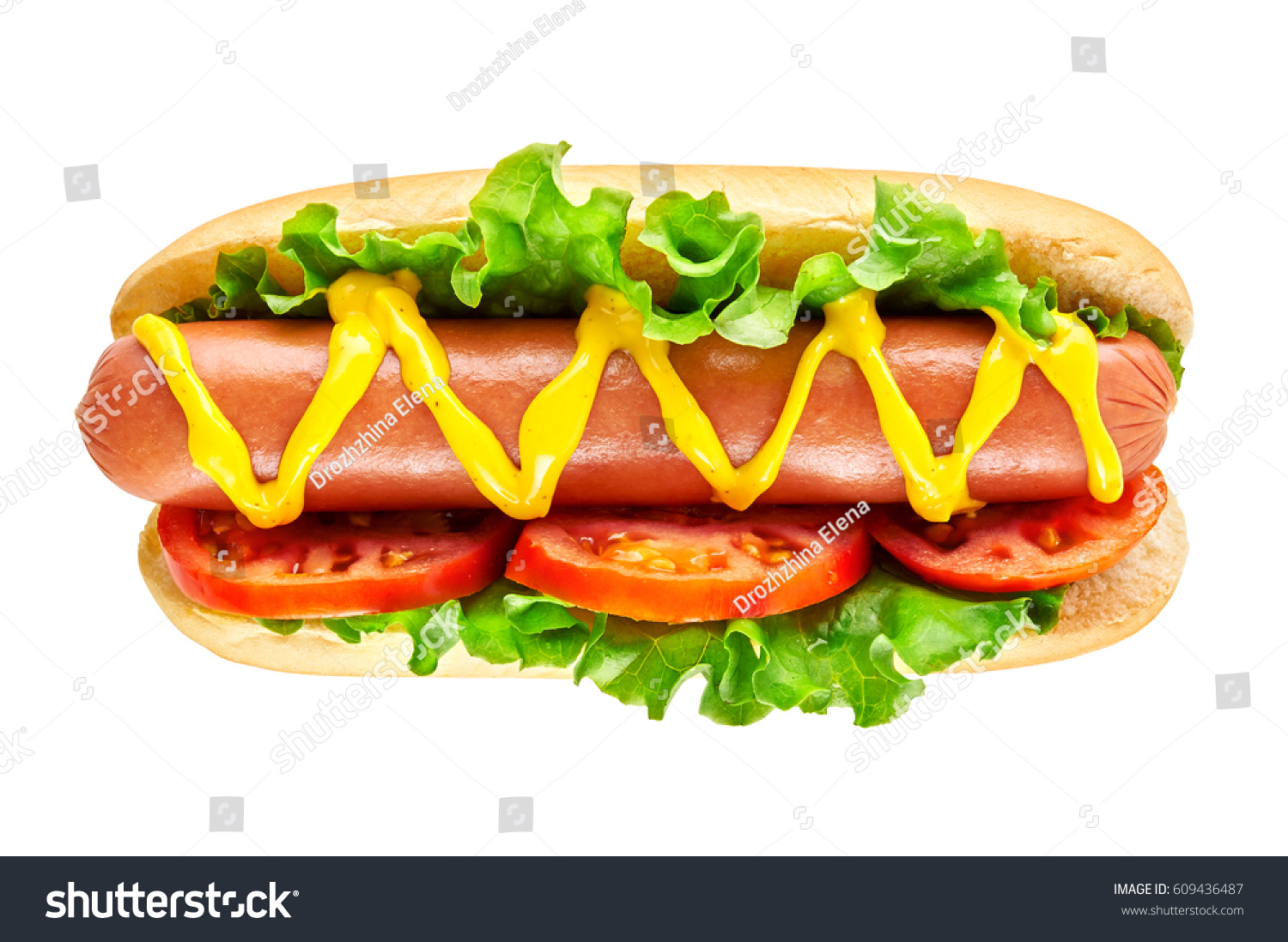 Hot dog with big sausage and fresh tomato isolated on white. Top view. #609436487