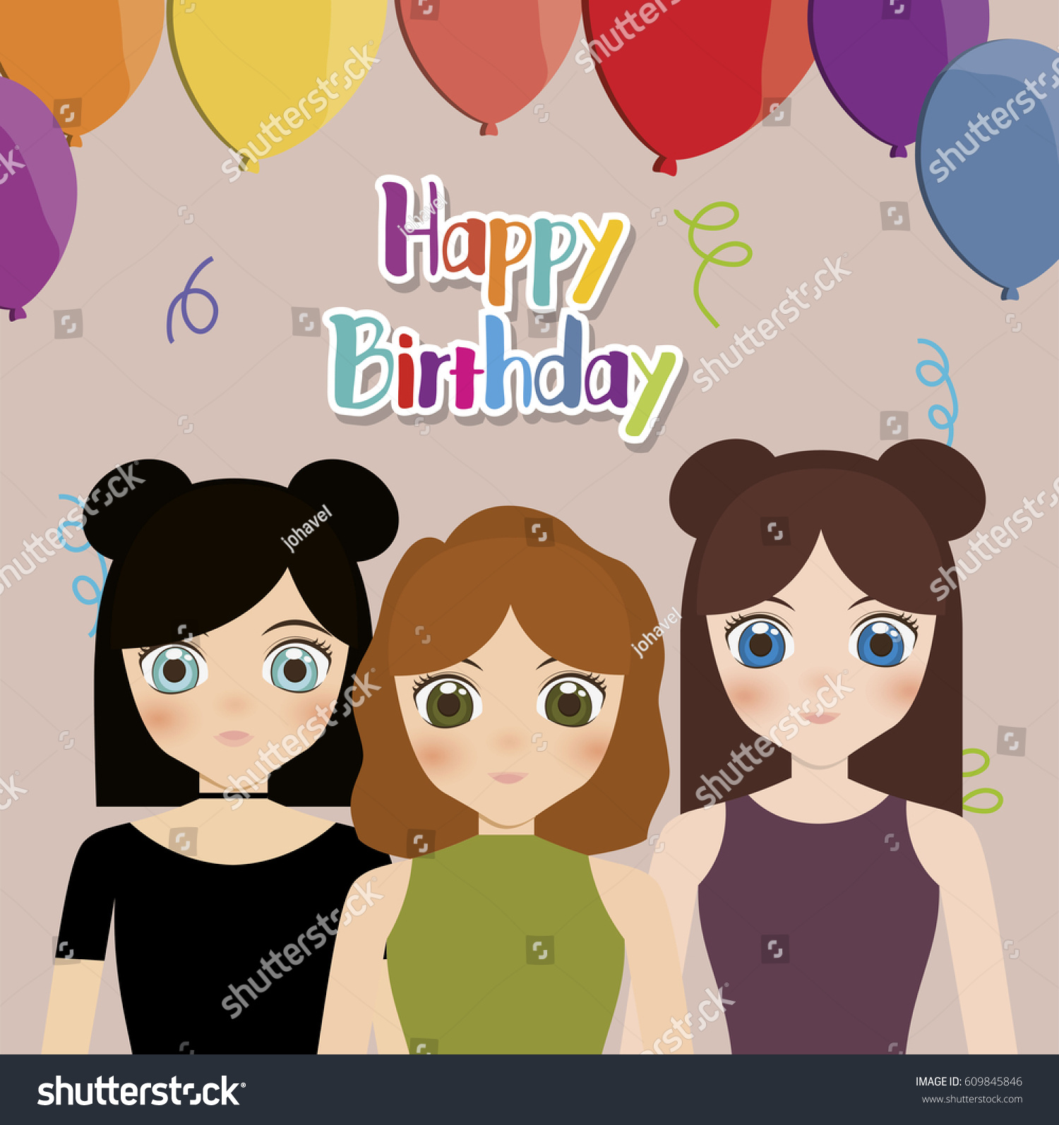 happy birthday card with anime girls and - Royalty Free Stock Vector ...