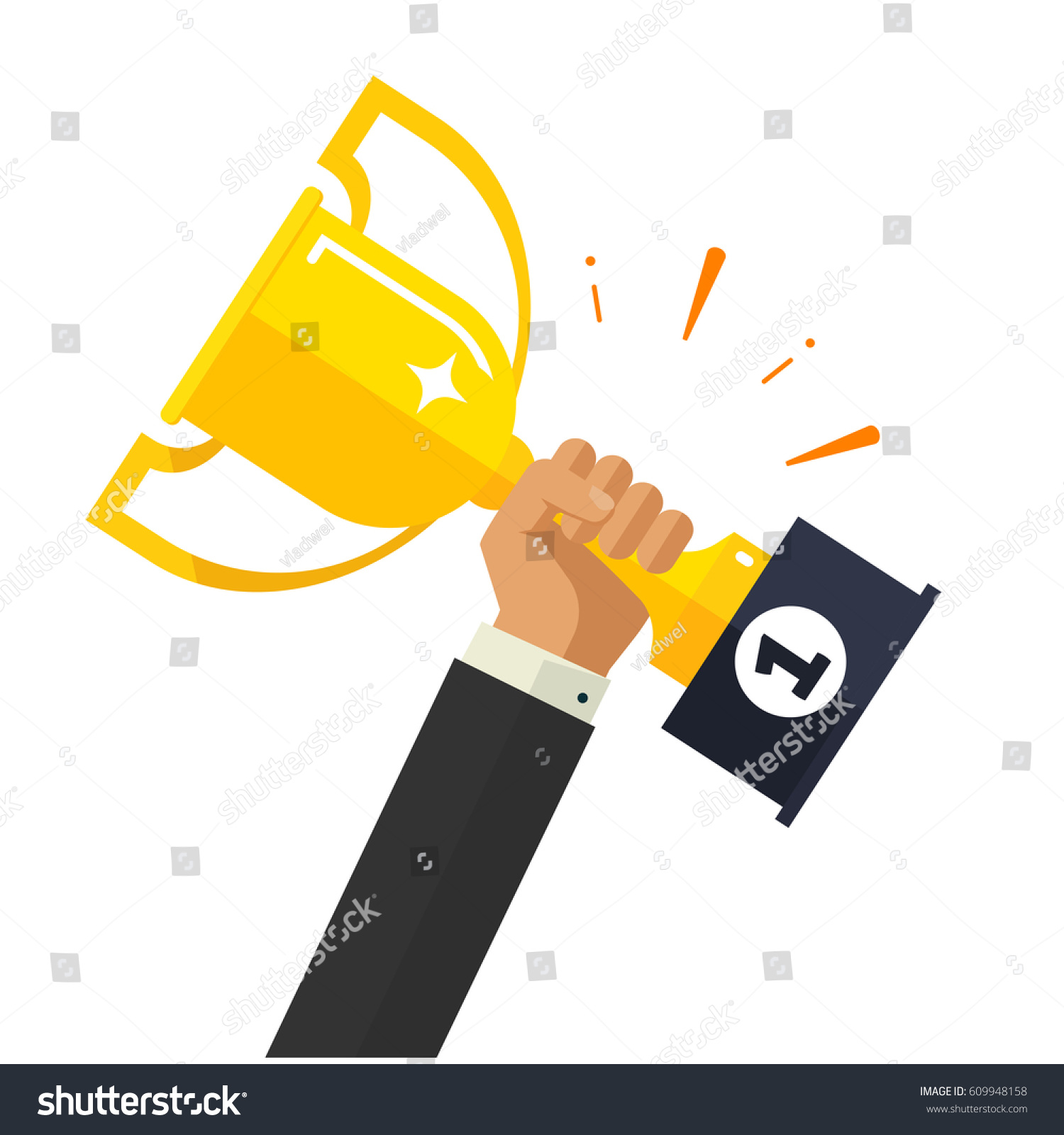 Business goal achievement vector concept, flat style happy successful businessman holding golden cup award in hand, leadership idea, first place prize victory, competition winner #609948158