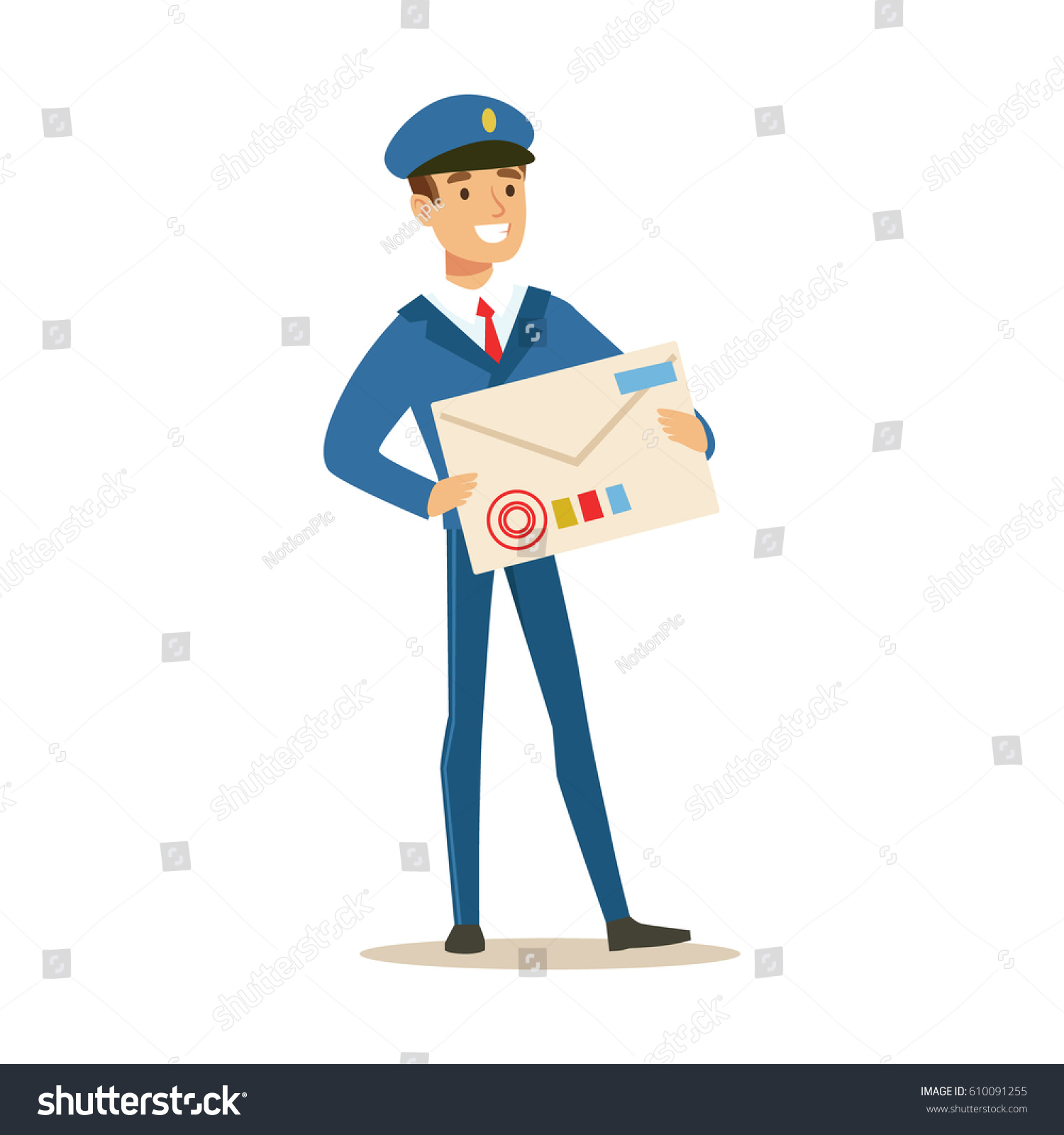 Postman In Blue Uniform Delivering Mail Holding Royalty Free Stock Vector 610091255 