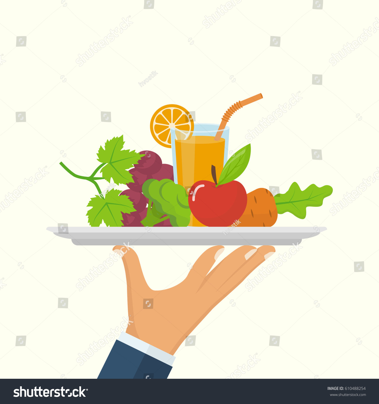Healthy food concept. Man holds a tray of fresh vegetables, fruit and juice, symbol of a healthy diet. Veggie food, eat vitamins. Vector illustration flat design. Isolated on white background. #610488254