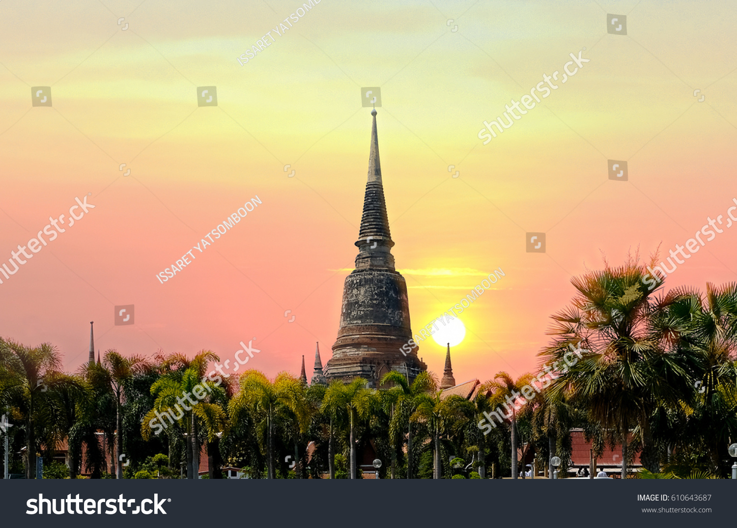 Sunset Pagoda, old Temple wat Wat Yai Chaimongkol of Ayutthaya Province( Ayutthaya Historical Park )Asia Thailand #610643687