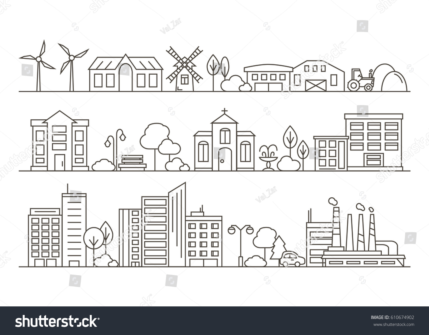 Vector City, Town and Countryside Illustration in Linear Style - buildings, skyscraper, church, park, factory, barn, mill, tractor and trees. Thin line art icons. #610674902
