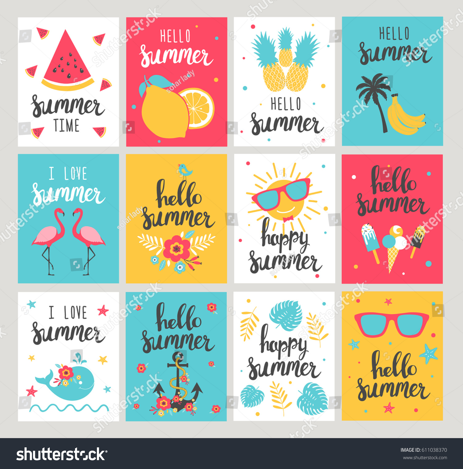 Set of Summer holiday cards. Hand drawn beautiful posters. Vector illustration #611038370