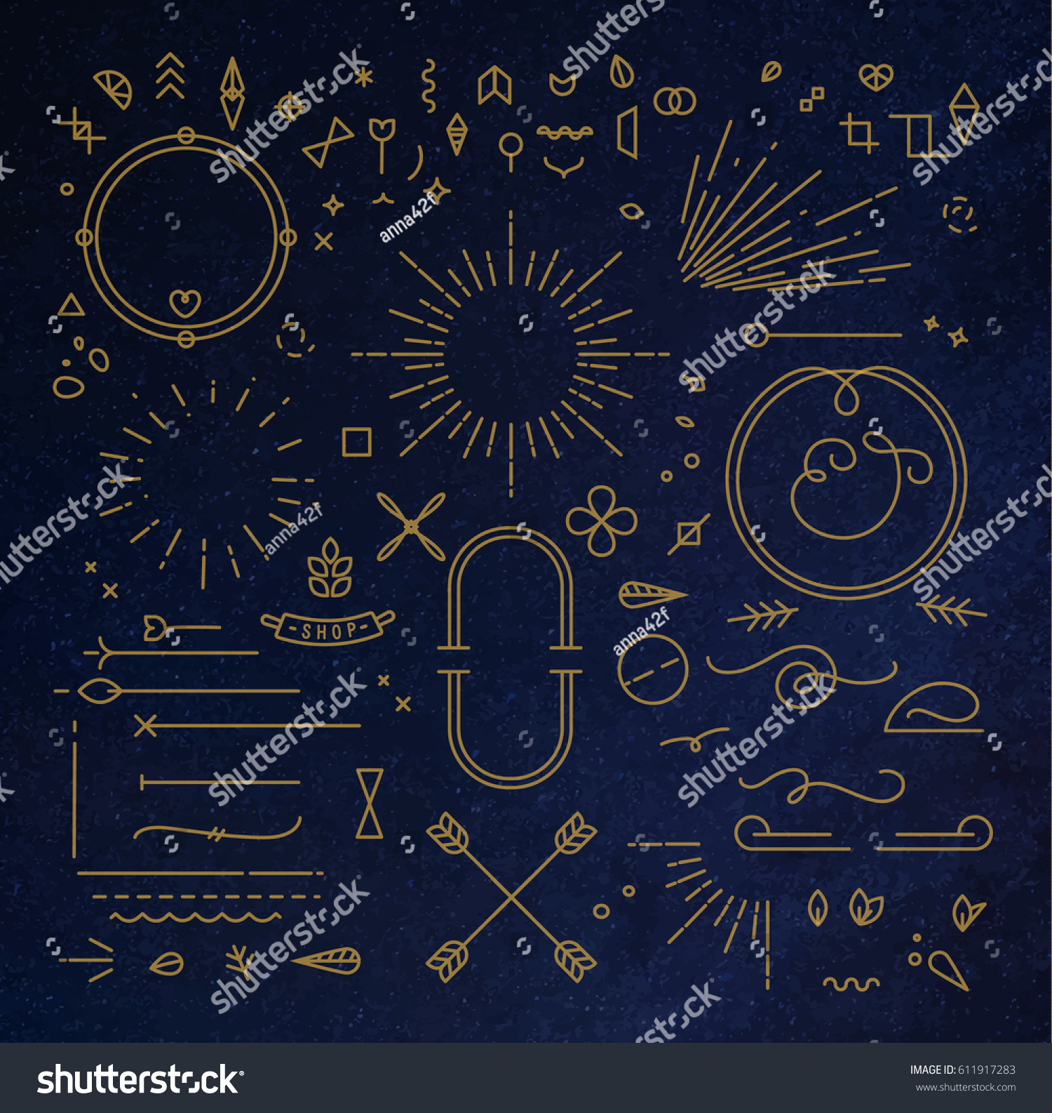 Flat design elements in vintage style drawing with gold lines on blue background #611917283