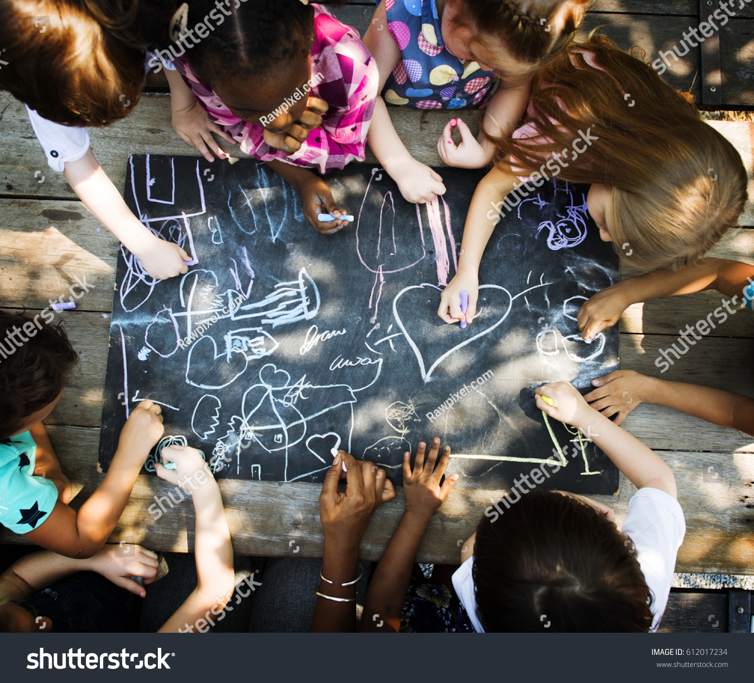 Diversity Group Of Kids Drawing Chalk Board #612017234
