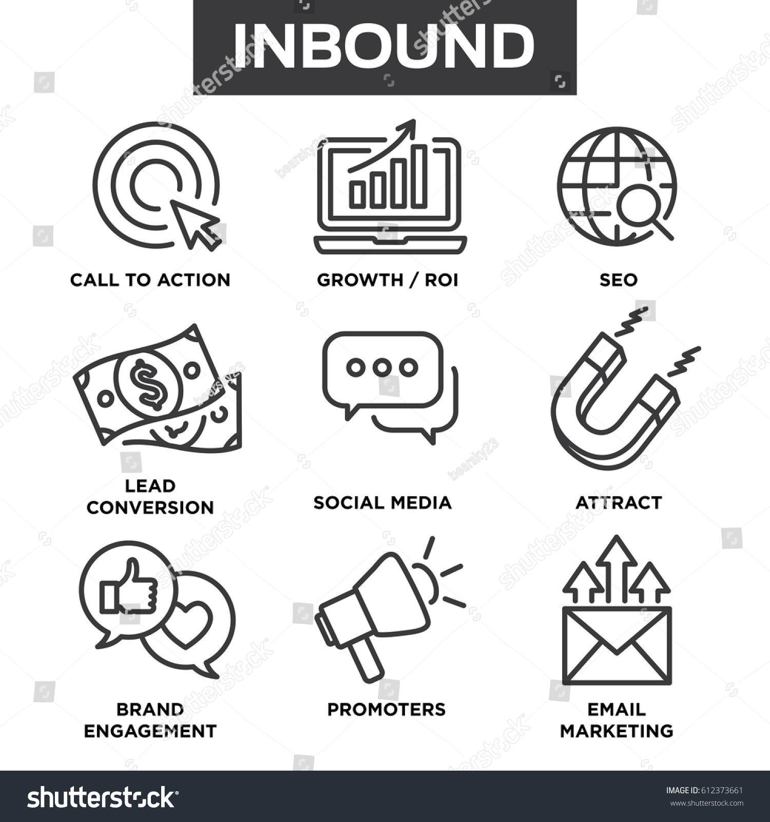 Inbound Marketing Vector Icons with growth, roi, call to action, seo, lead conversion, social media, attract, brand engagement, promoters, campaign, etc #612373661