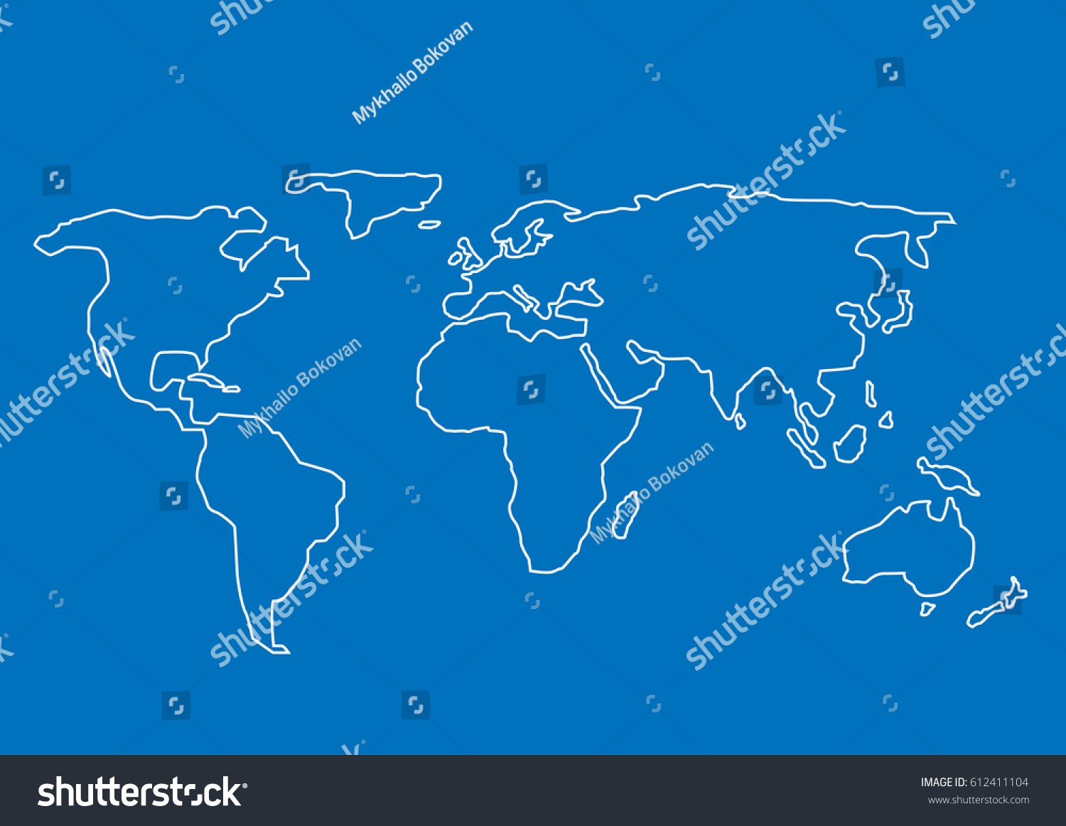 Hand drawn World map. White contour on blue background #612411104