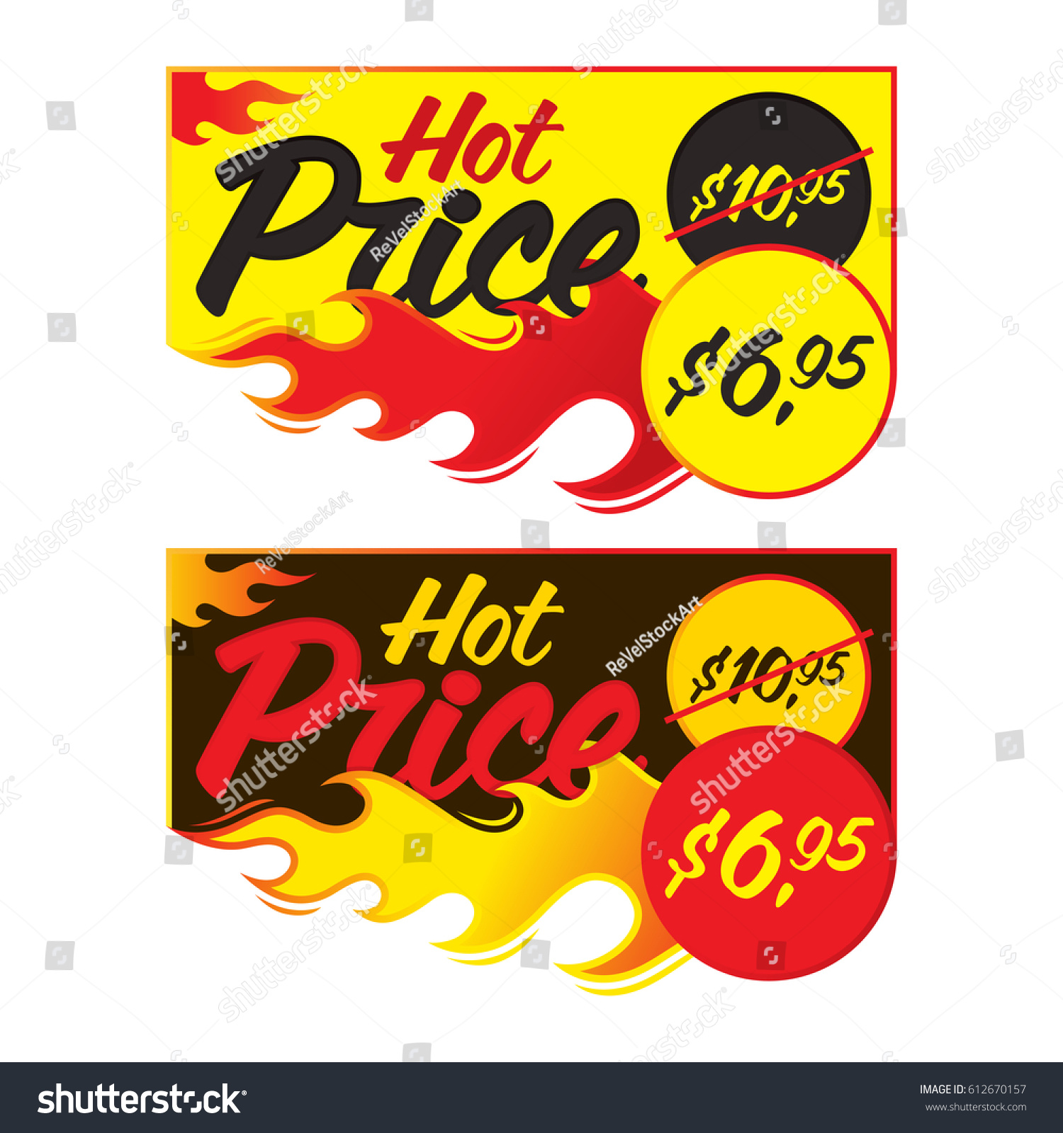 Hot price vector flaming labels stickers banners symbols templates designs. Vector illustration #612670157