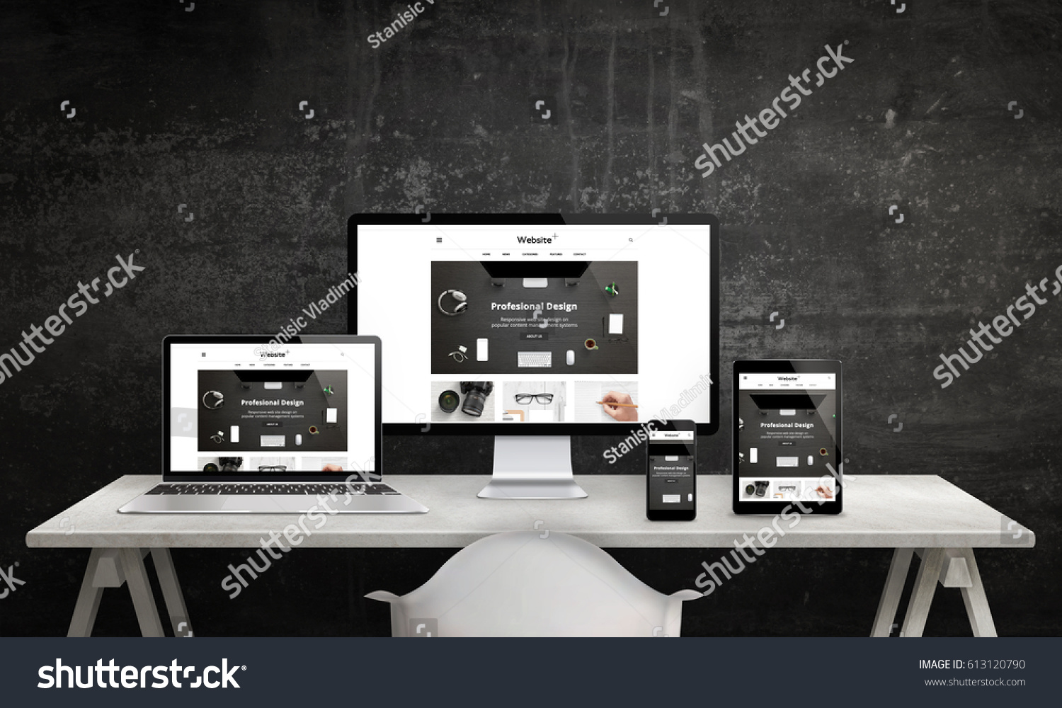 Responsive web site promotion on computer display, laptop, tablet and smart phone. Modern, clean web design. White office desk with devices, black wall in background. #613120790