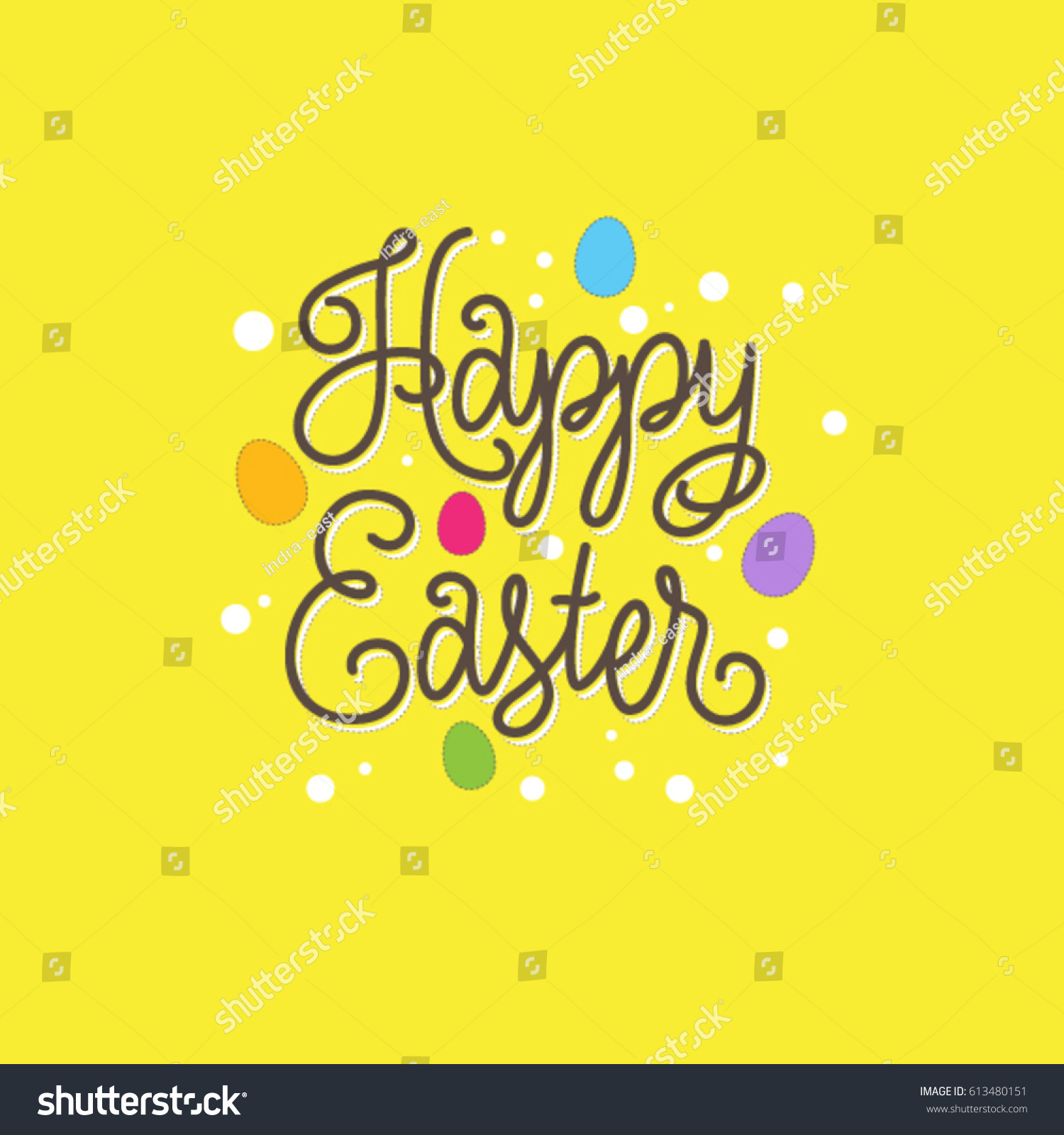 Happy Easter illustration. Lettering and eggs on a yellow background. #613480151