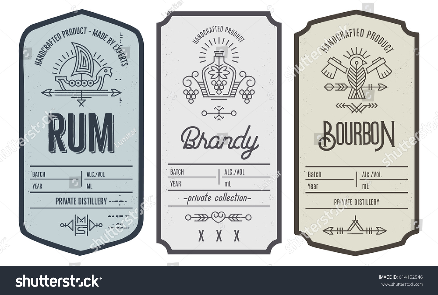 Set of vintage bottle label design with ethnic elements in thin line style. Alcohol industry emblem, distilling business. Monochrome, black on white. Place for text #614152946