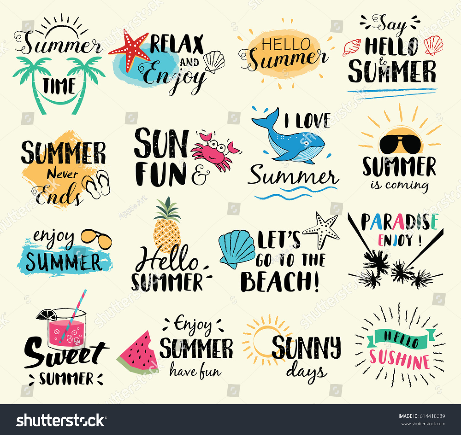 Summer labels, logos, hand drawn tags and elements set for summer holiday, travel, beach vacation, sun. Vector illustration. #614418689