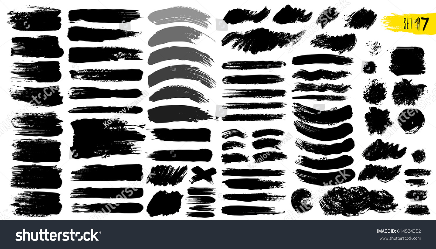 Big collection of black paint, ink brush strokes, brushes, lines. Dirty artistic design elements, boxes, frames. Vector illustration. Isolated on white background. Freehand drawing. #614524352