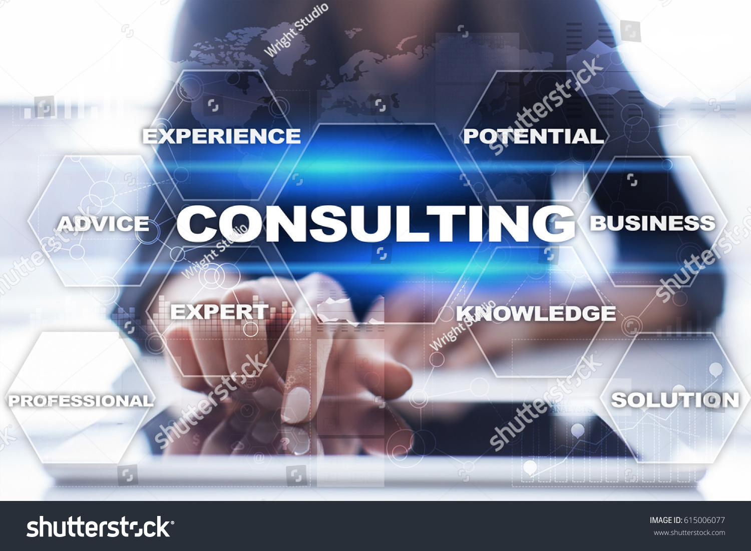 Consulting business concept. Text and icons on virtual screen. #615006077