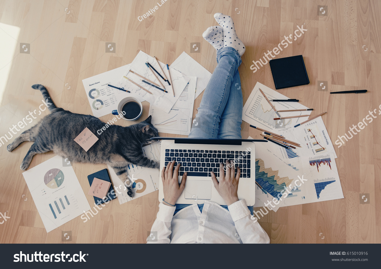 Working home concept - girl with smart phone, laptop and business reports. #615010916