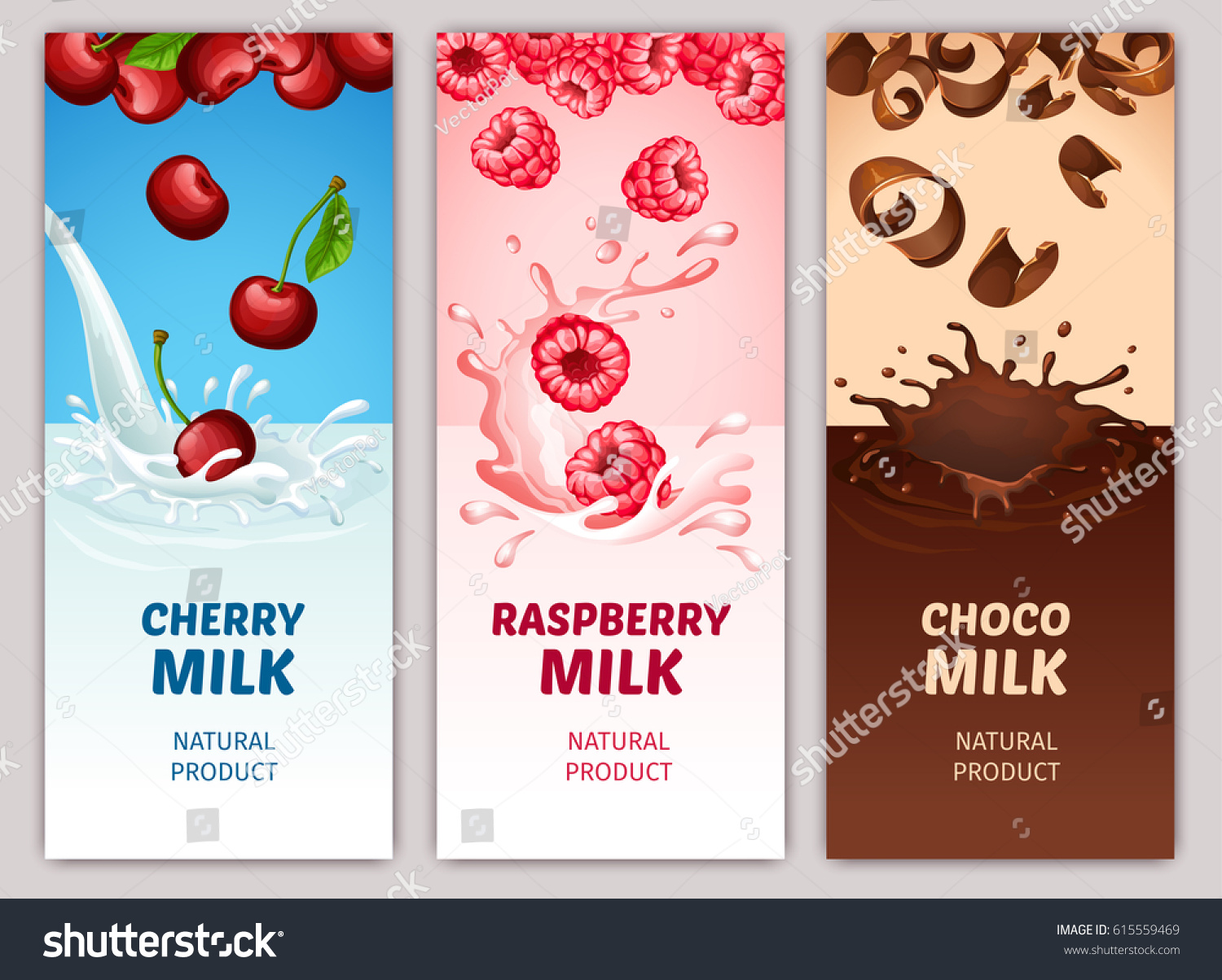 Cartoon dairy products vertical banners with cherry raspberry and chocolate shavings falling into milk splashes vector illustration #615559469