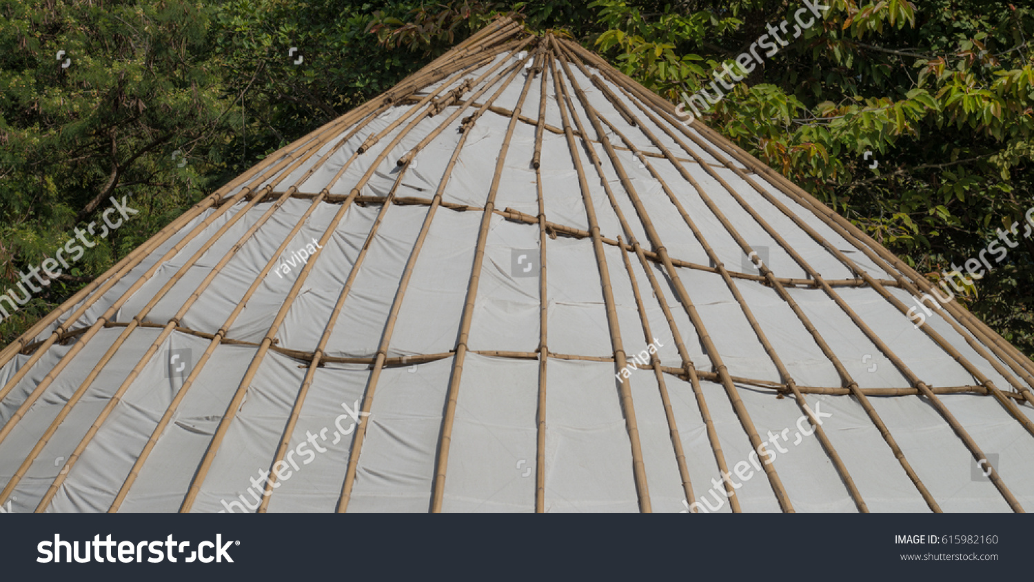Structure  by bamboo of tent with tree ,Tensile membrane fabric roof on tree,dome for tourist resting, Roof with tree  #615982160