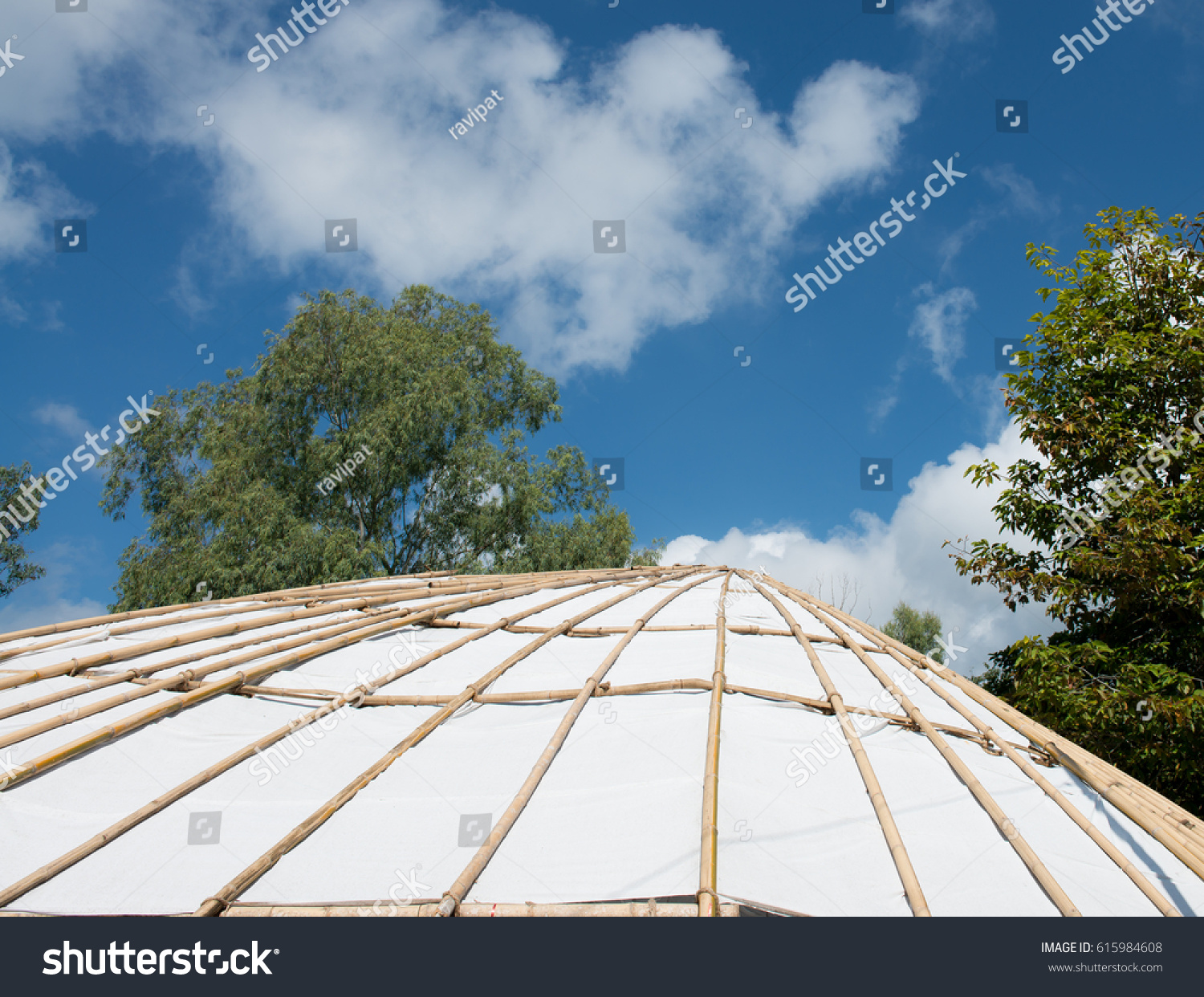 Structure  by bamboo of tent with tree and blue sky, Tensile membrane fabric roof on blue sky with clouds, dome for tourist resting, Roof with tree and blue sky #615984608