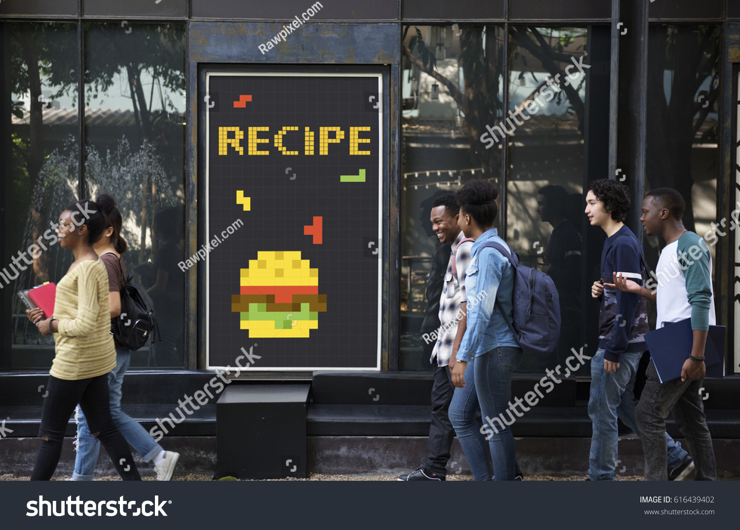 People with advertisement of 8 bit illustration of tasty burger meal #616439402