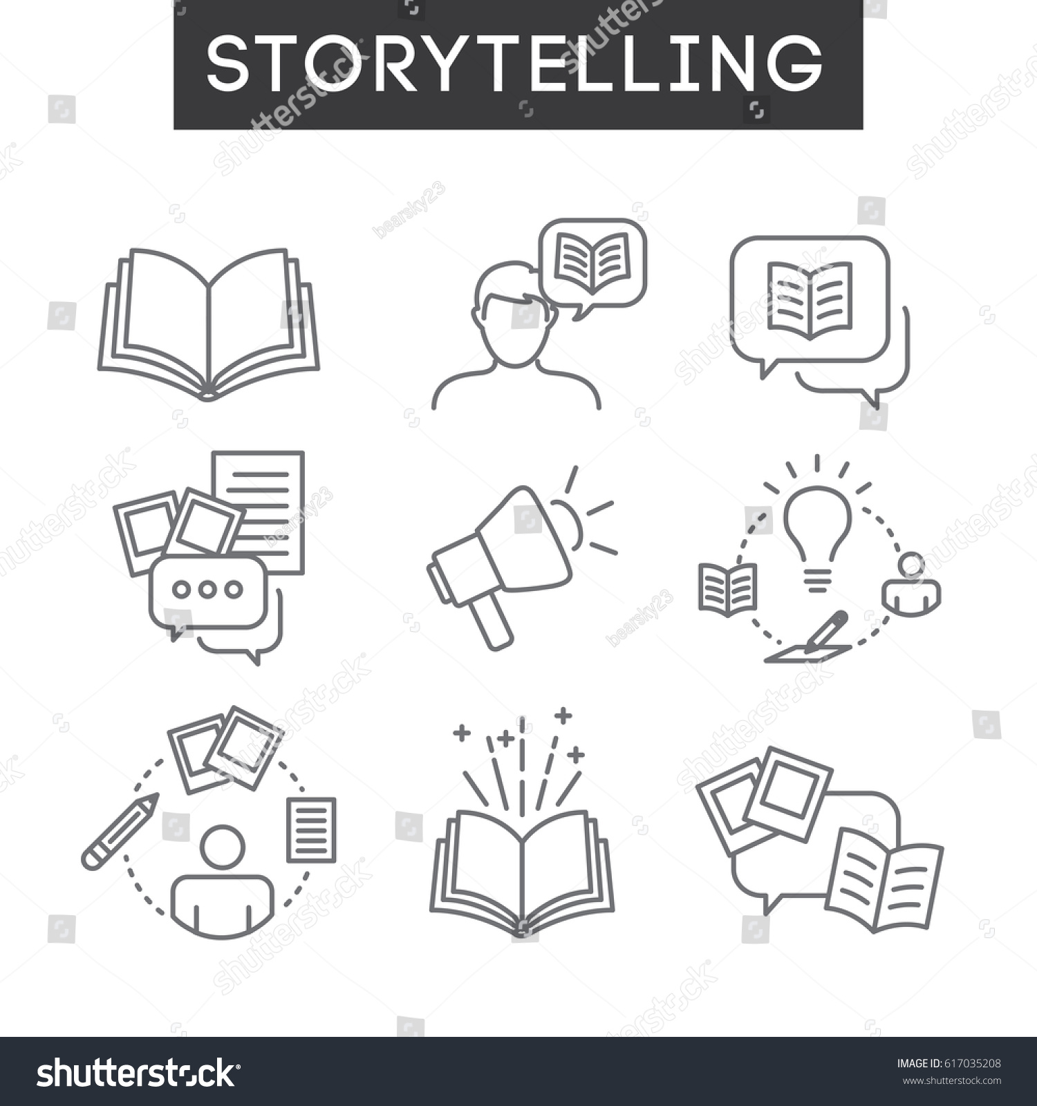 Storytelling Icon Set with Speech Bubbles and Books #617035208