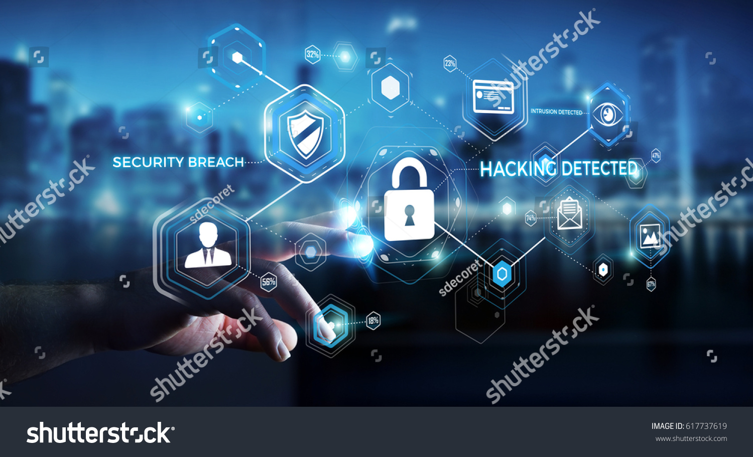 Businessman on blurred background using antivirus to block a cyber attack 3D rendering #617737619