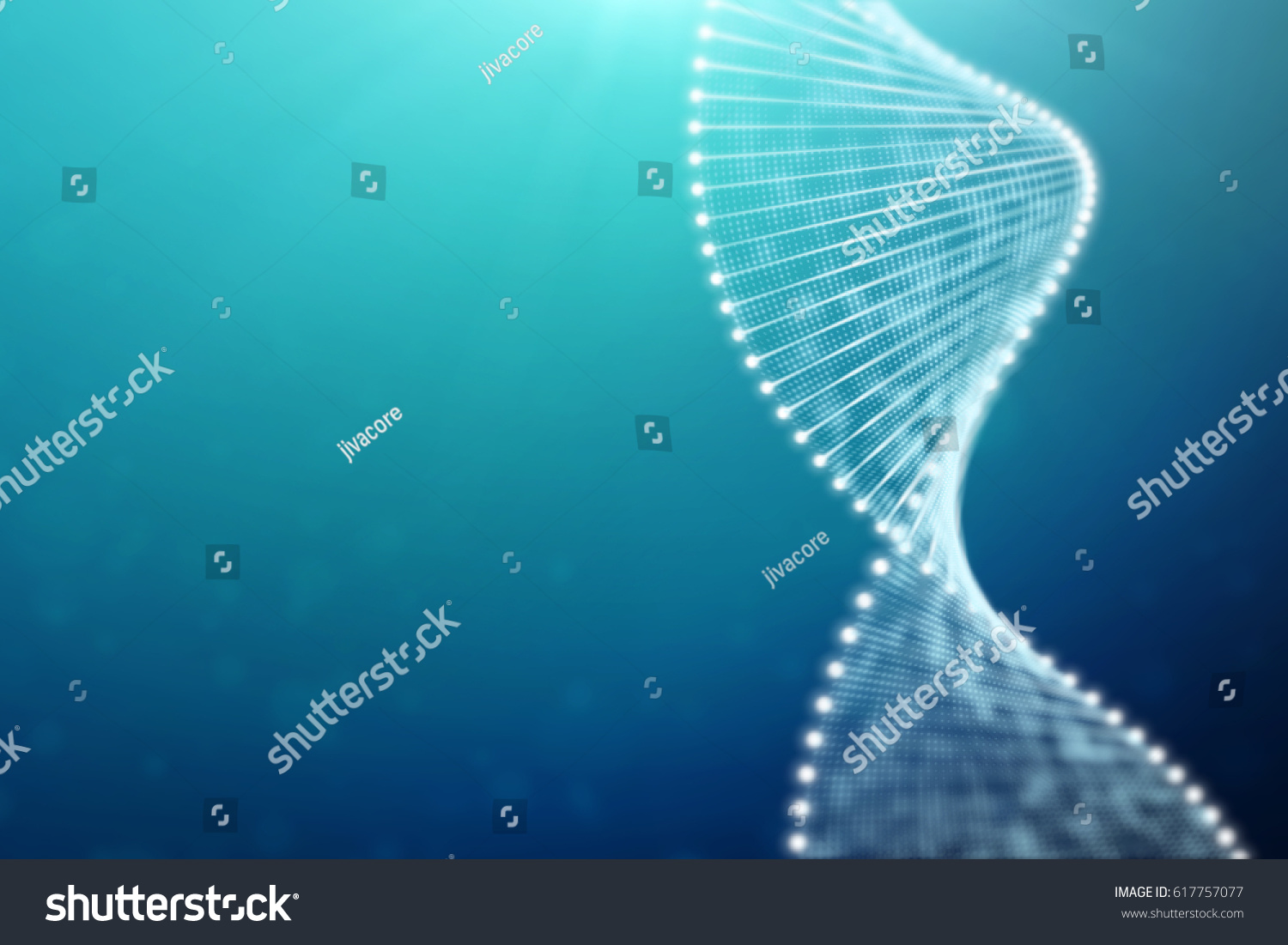 A bright particulate 3D rendered DNA  on a blue bokeh background. #617757077