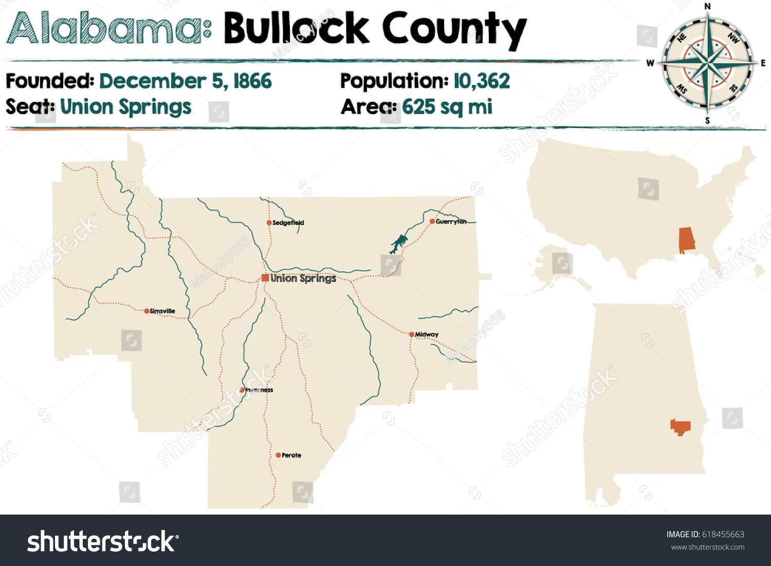 Large And Detailed Map Of Bullock County In Royalty Free Stock Vector 618455663 0722