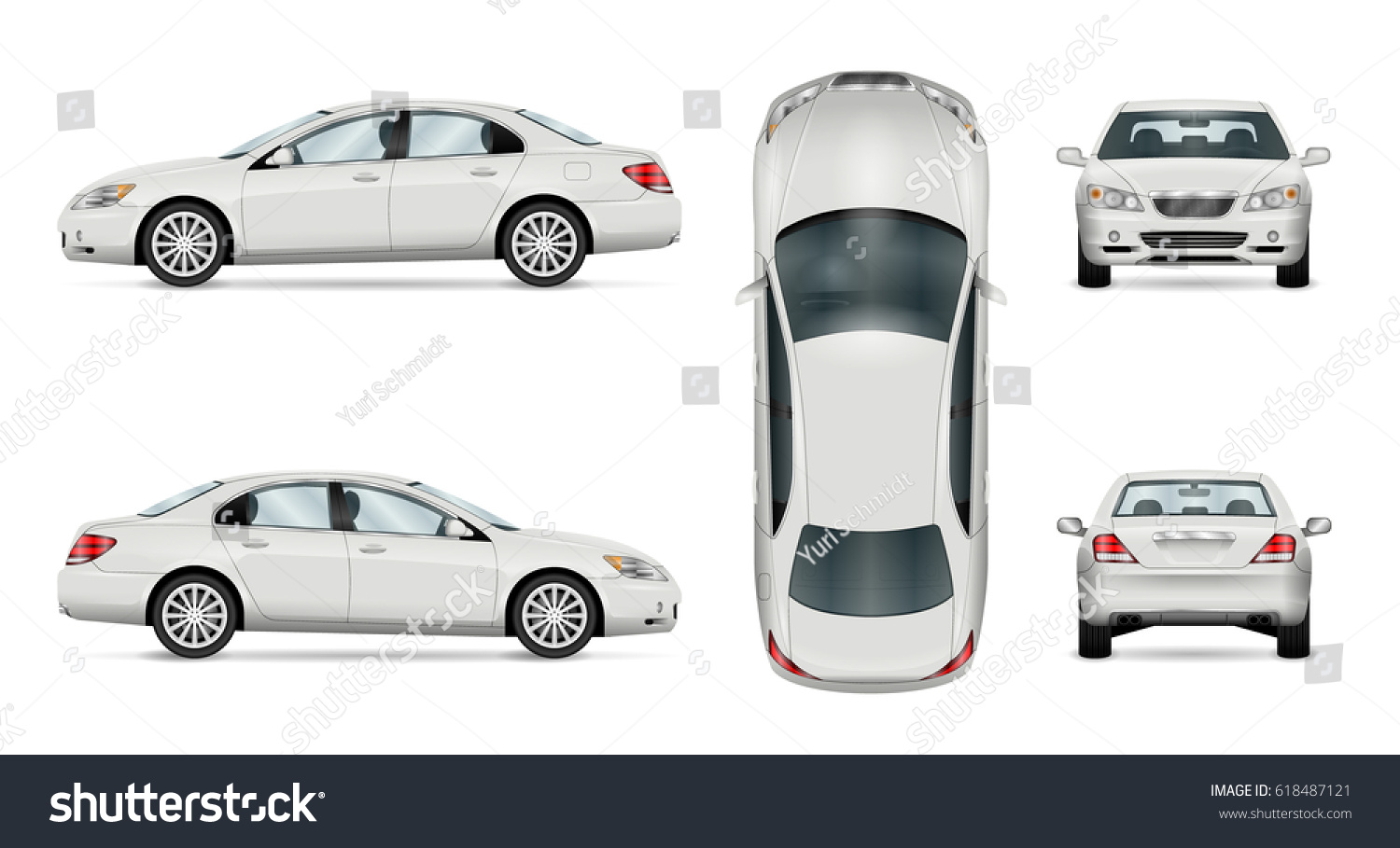 Car vector template on white background. Business sedan isolated. All layers and groups well organized for easy editing and recolor. View from side, front, back and top. #618487121