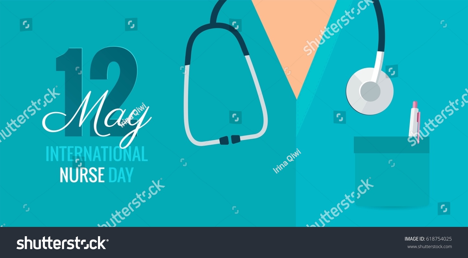 12 May. International Nurse Day background. Close-up of nurse`s uniform and stethoscope. Vector flat illustration   #618754025