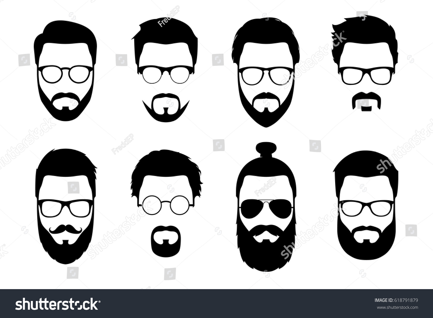 Hipster detailed hair and beards with sunglasses set. Fashion bearded man faces. Long beard with facial hair. Beard isolated on white background. Hipsters with different haircuts, mustaches, beards. #618791879
