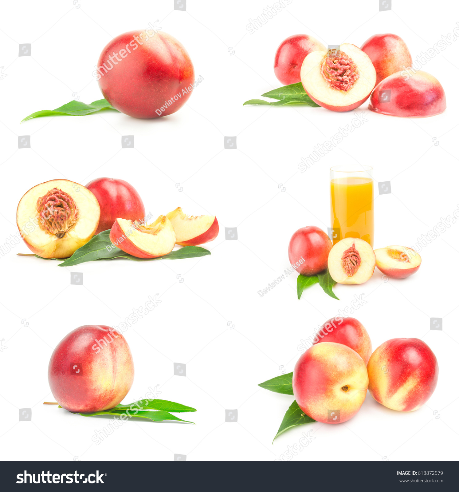 Set of fresh peaches fruits isolated on a white background cutout #618872579