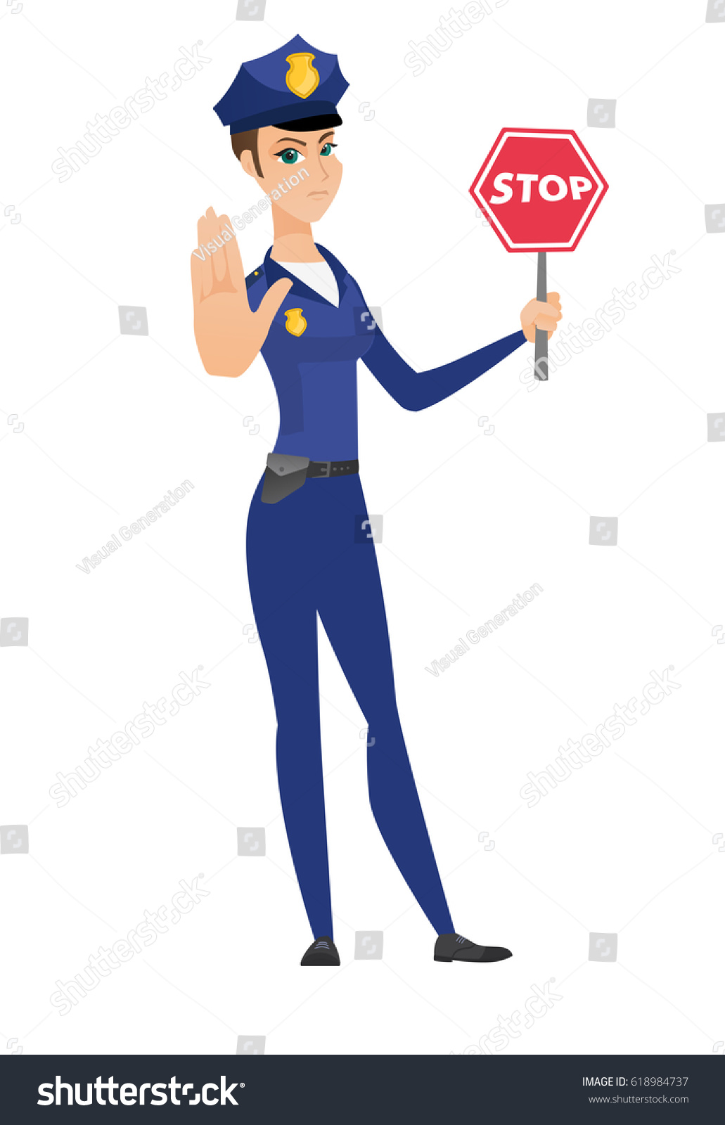 Caucasian policewoman showing stop road sign. - Royalty Free Stock ...