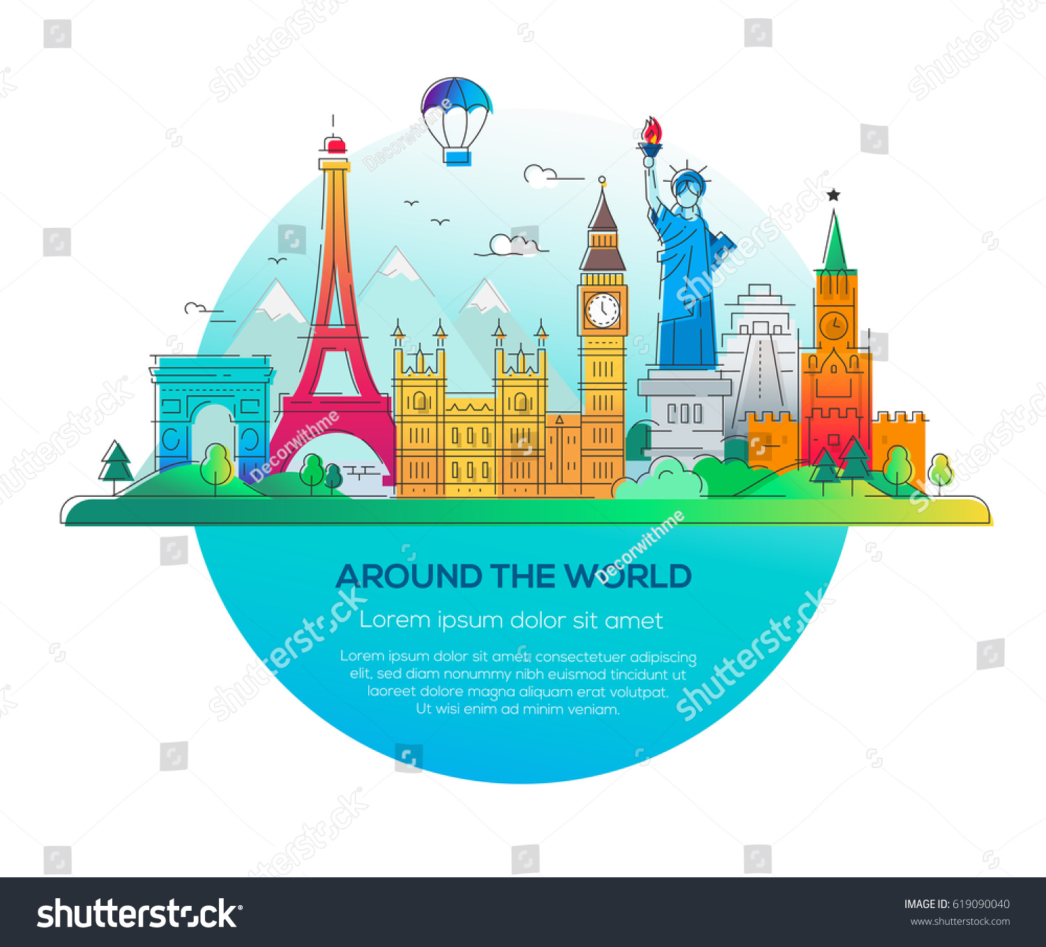 Around the world - modern vector line travel illustration. Discover Russia, England, USA, France. Have a trip, enjoy your vacation.See landmarks like stature of liberty, kremlin, tower #619090040