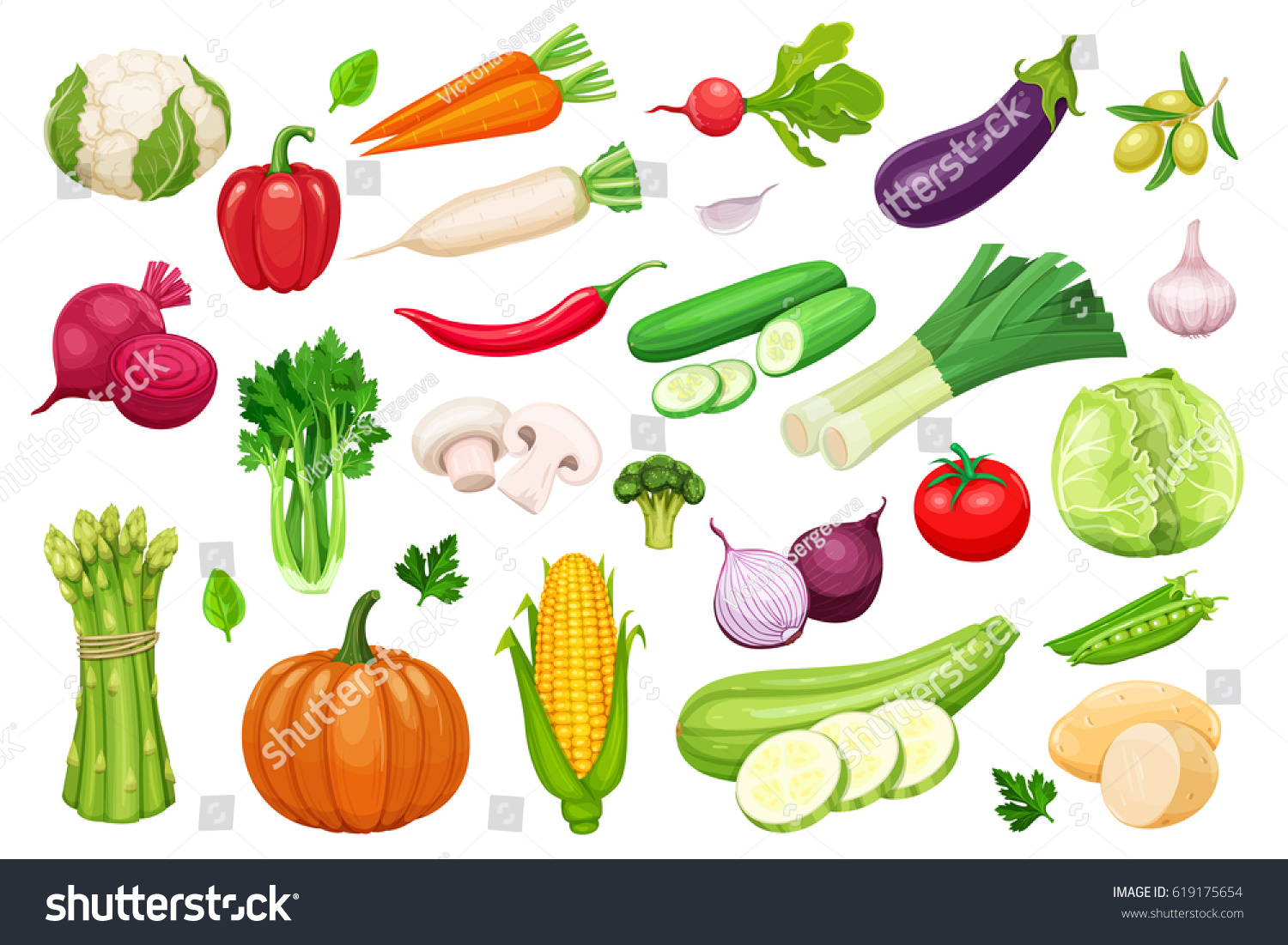 Vector vegetables icons set in cartoon style. Collection farm product for restaurant menu, market label. #619175654