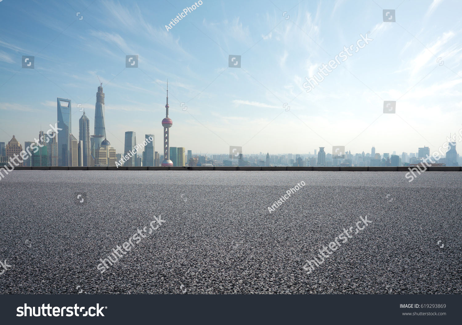 Empty road textured floor with Aerial photography bird-eye view at Shanghai bund Skyline  #619293869