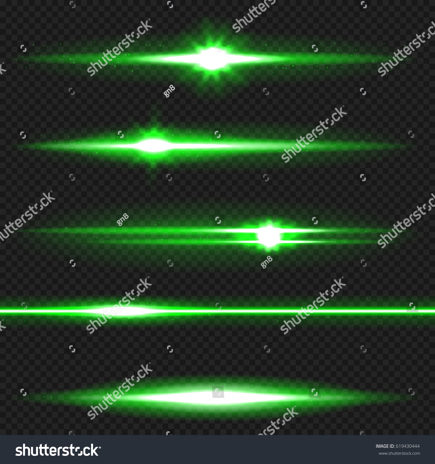  Green horizontal lens flares pack. Laser beams, horizontal light rays. Vector, eps10.  #619430444